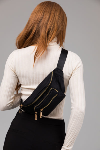 Black Buckle Strap Zipper Nylon Crossbody Bag