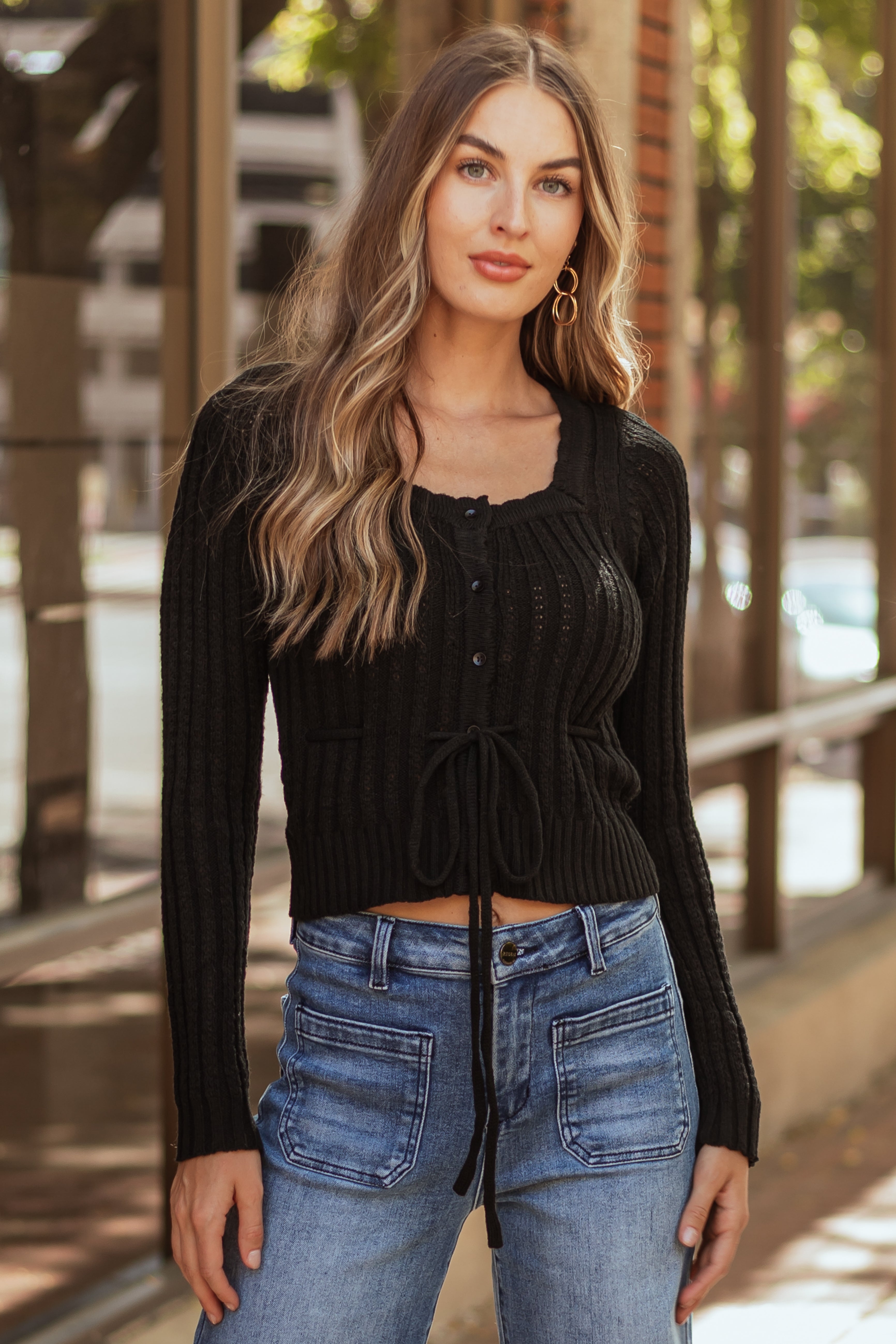 Black Button Down Front Tie Square Neck Cardigan | Lime Lush Boutique