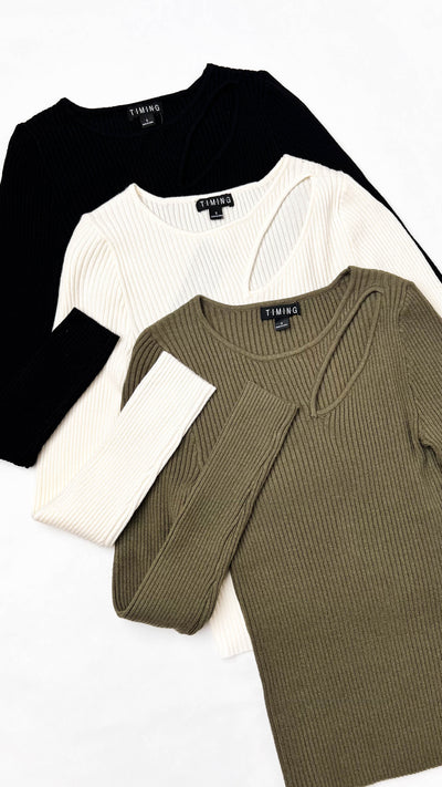 Black Chest Cut Out Fitted Ribbed Sweater Top