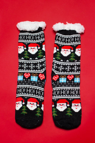 Black Christmas Print Thick Sherpa Socks