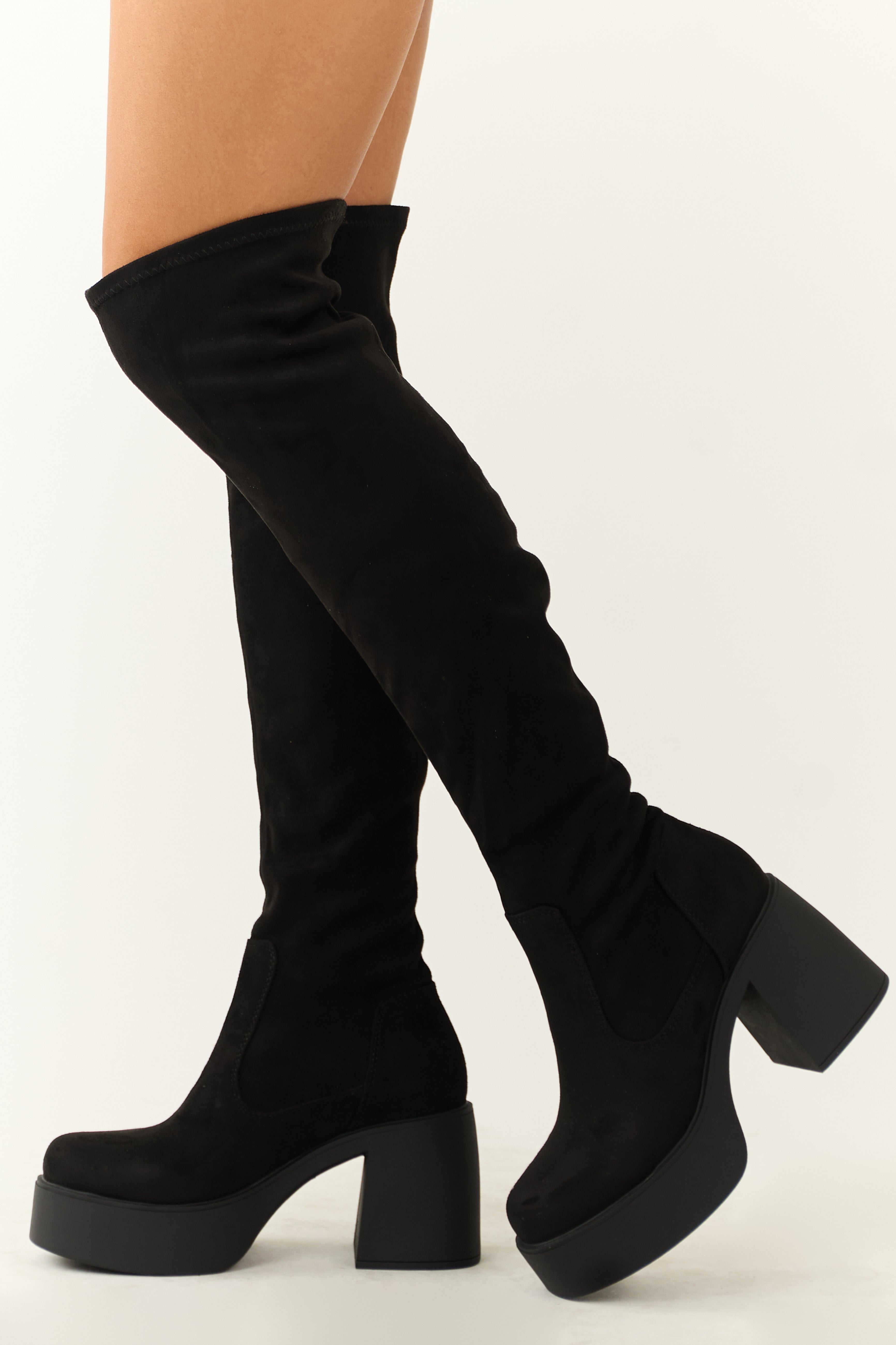 Knee Boots Black Boots On Sale Black Chunky Heel Faux Suede Knee