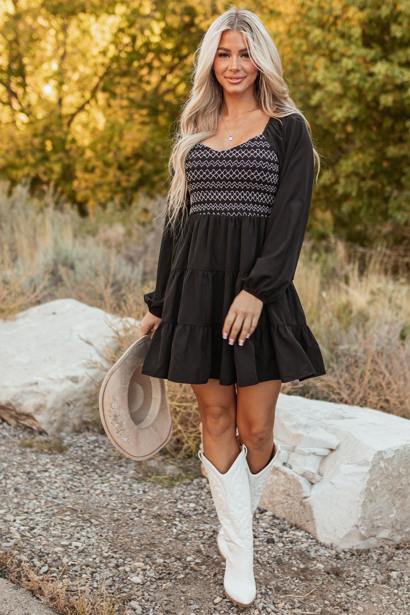 long-sleeve smocked waist mini dress Hutch Dolan Long-Sleeve Smocked-Waist Mini Dress