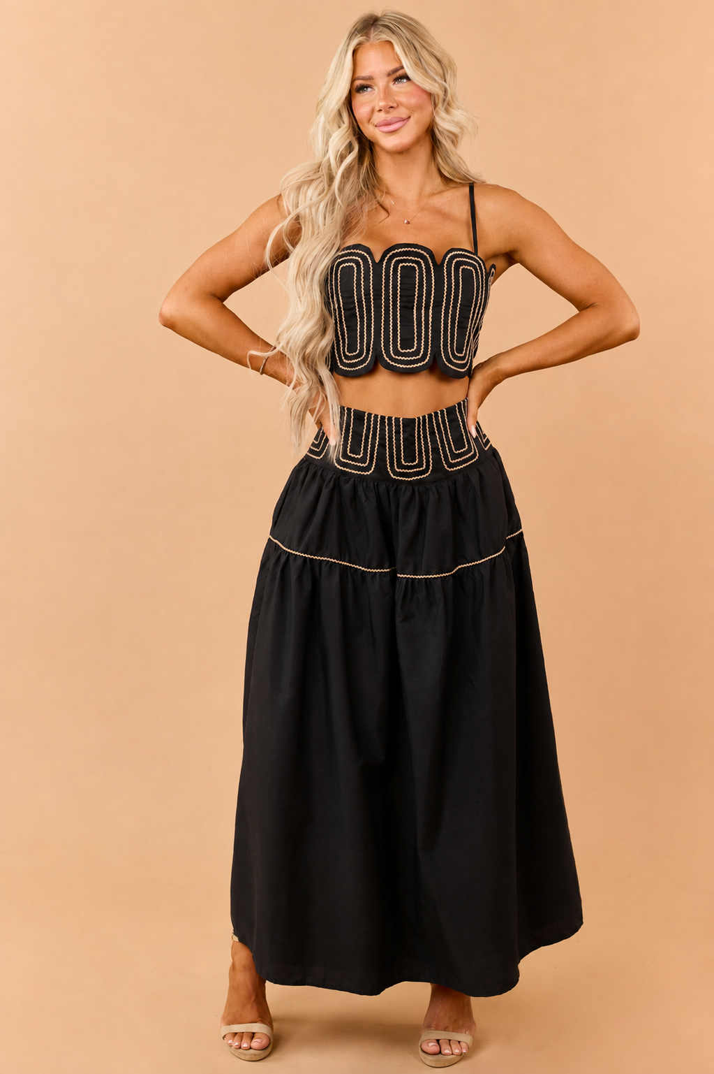 Black Cotton Contrast Detail Tank Top and Skirt Set