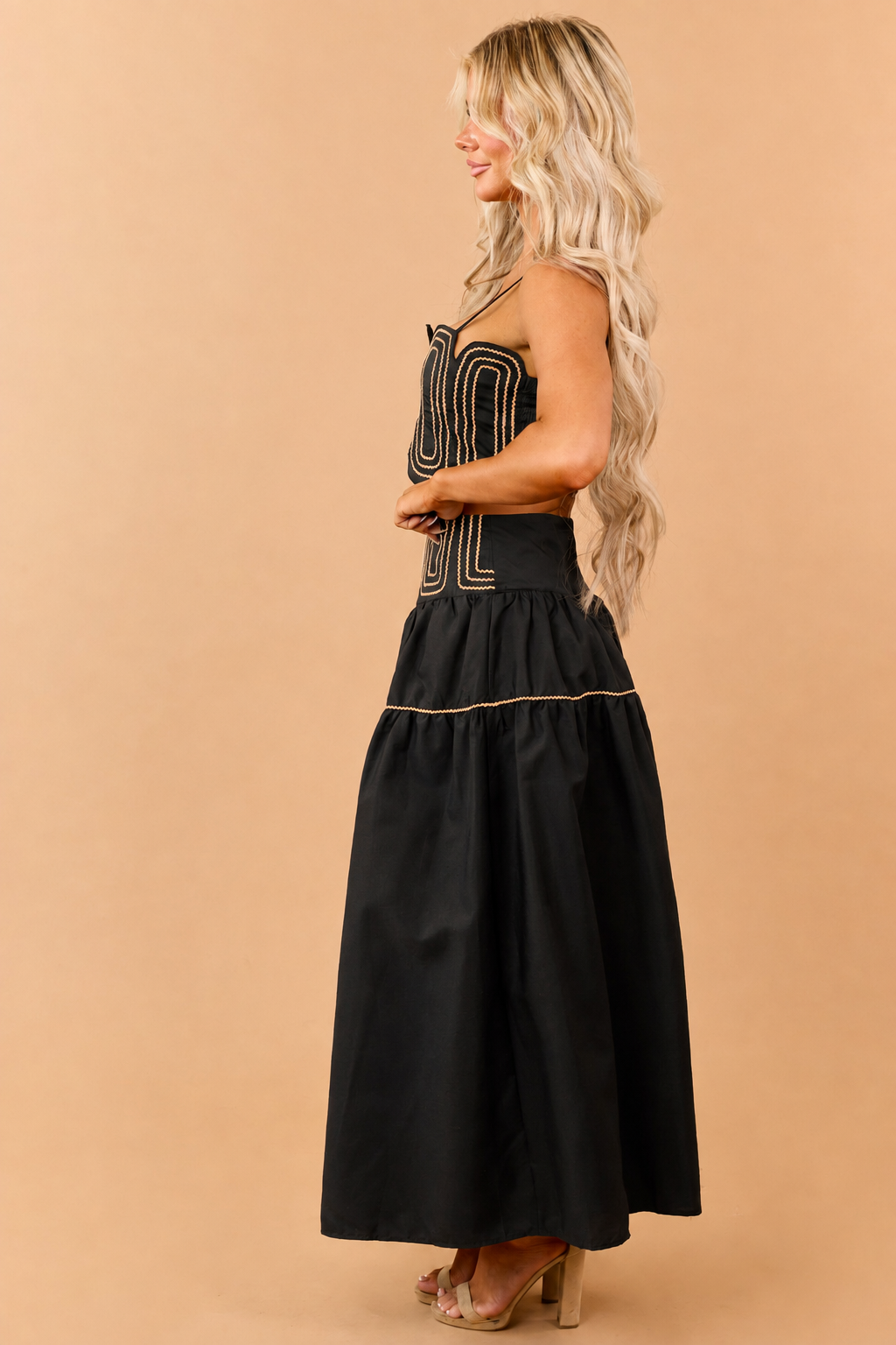Black Cotton Contrast Detail Tank Top and Skirt Set