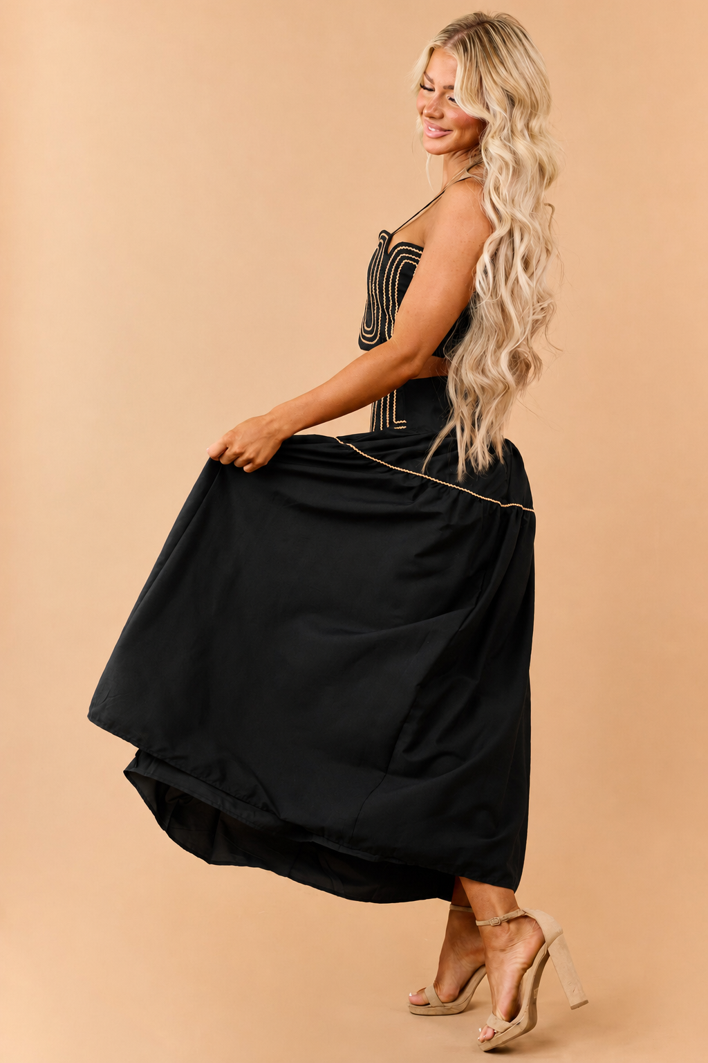 Black Cotton Contrast Detail Tank Top and Skirt Set