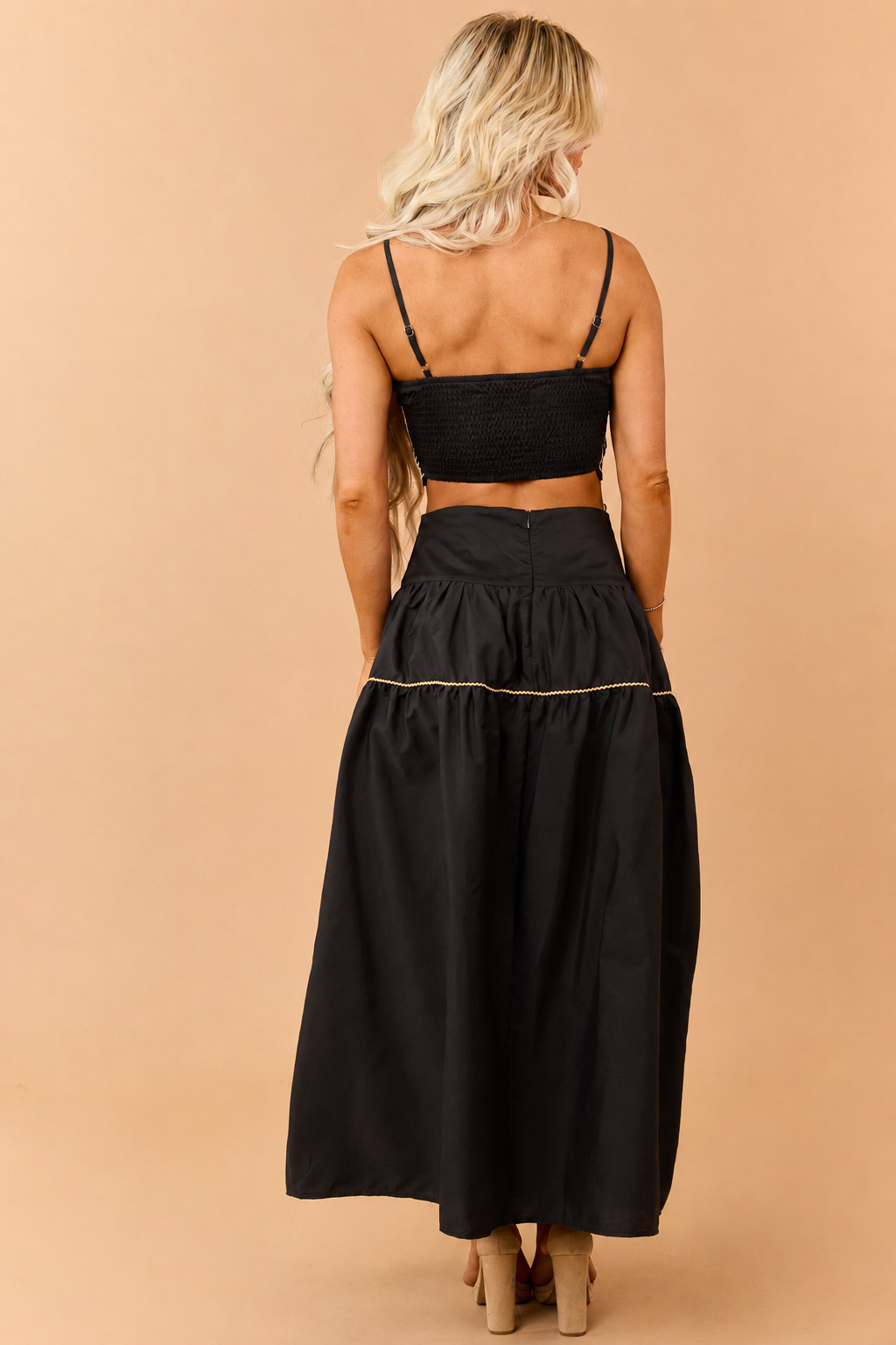 Black Cotton Contrast Detail Tank Top and Skirt Set