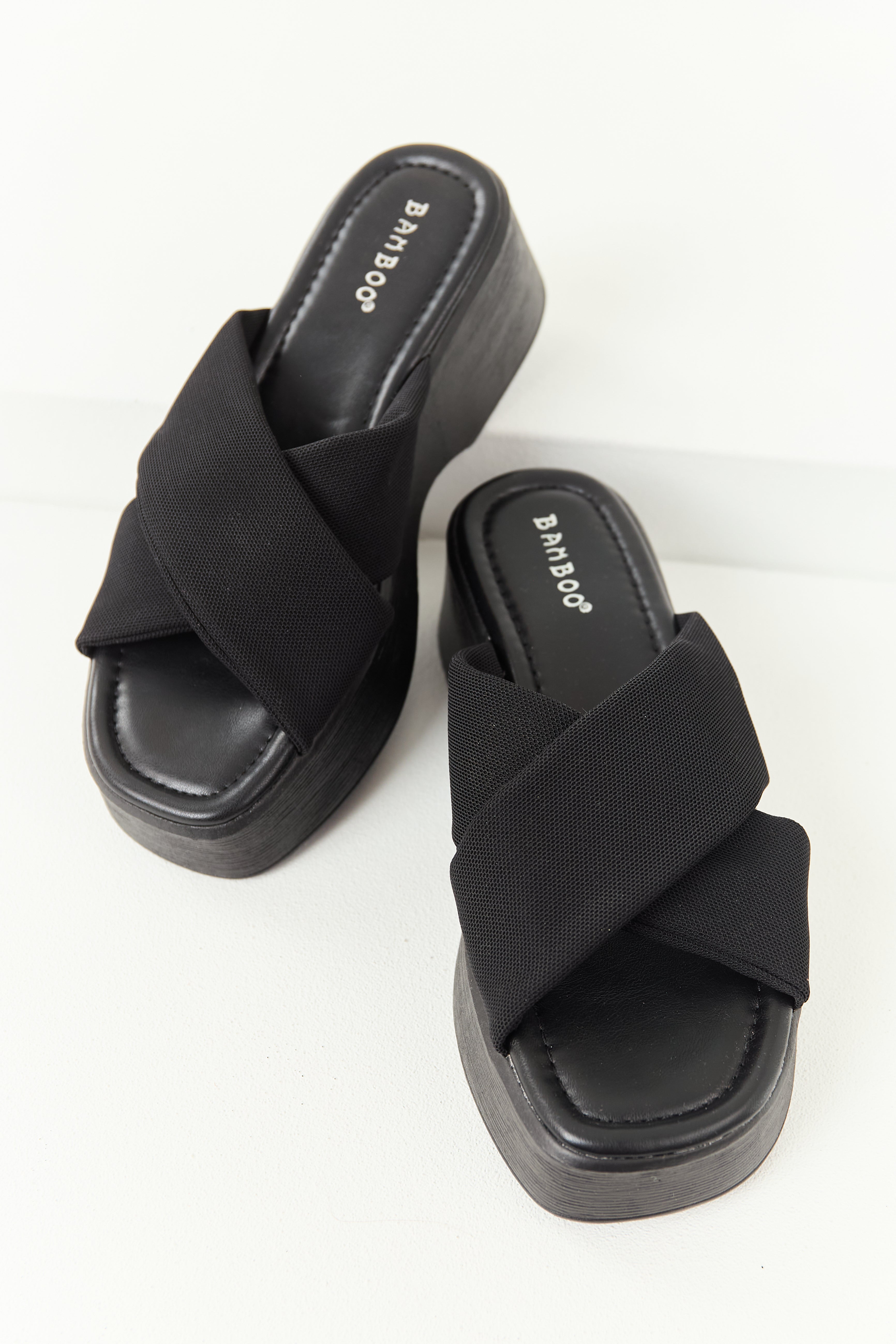 靴 Front cross ribbon platform sandal black Black Cross Strap Slip On Open Toe Platforms | Lime Lush Boutique