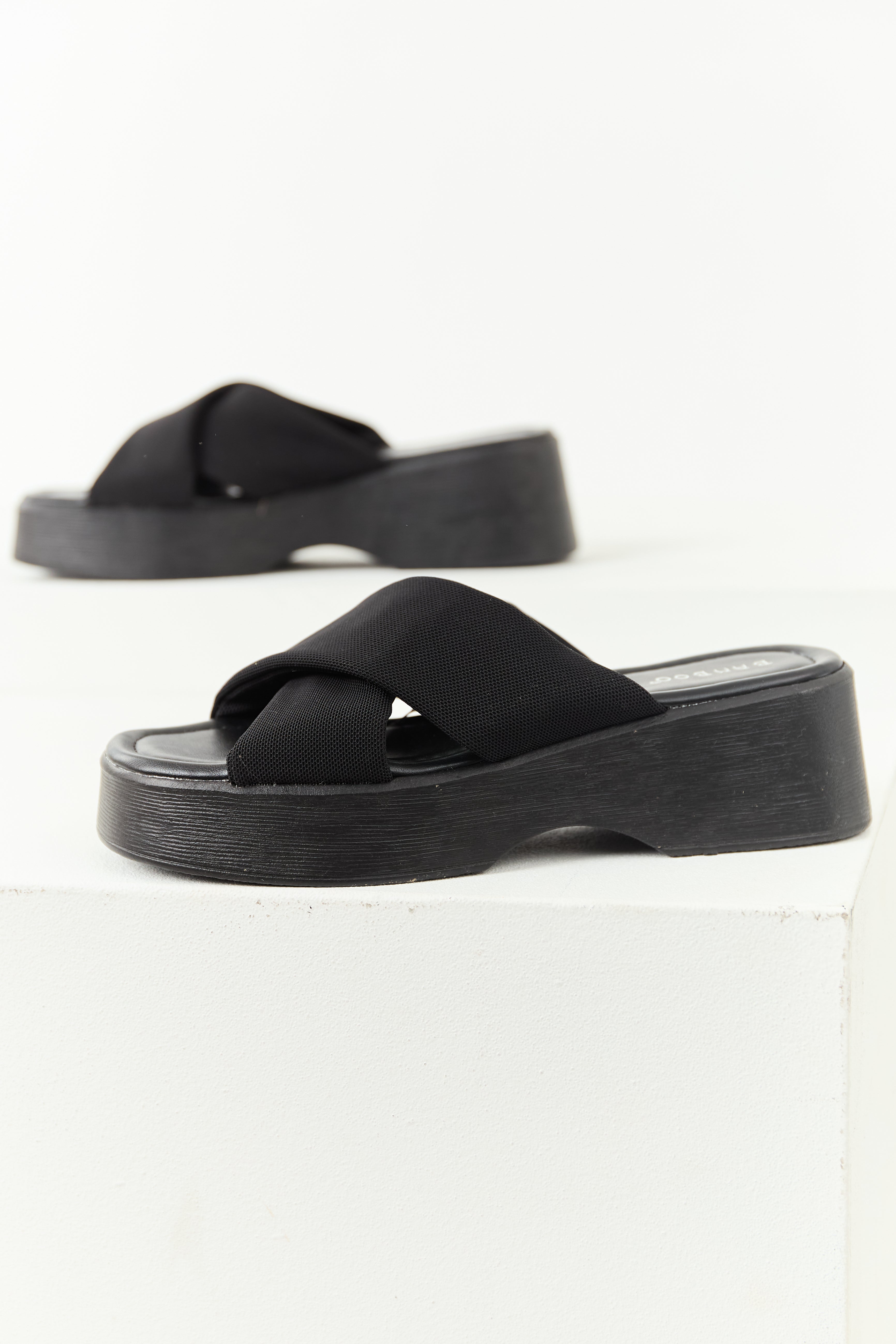Black Cross Strap Slip On Open Toe Platforms | Lime Lush Boutique