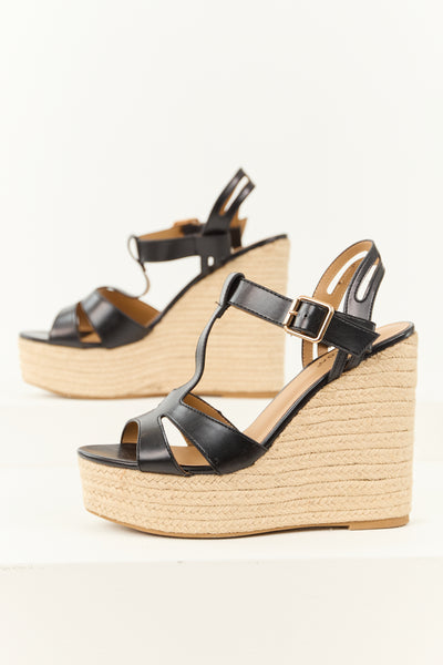 Black Cut Out T Strap Espadrille Platform Wedges