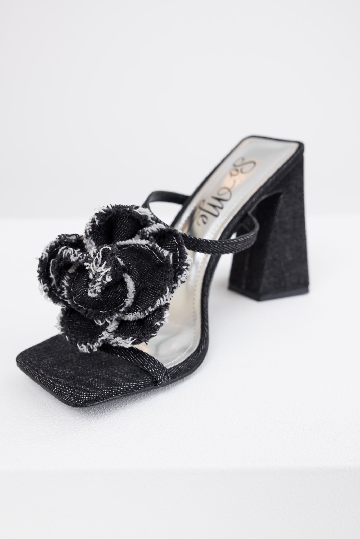 Black Denim Flower Detail Square Toe Heels