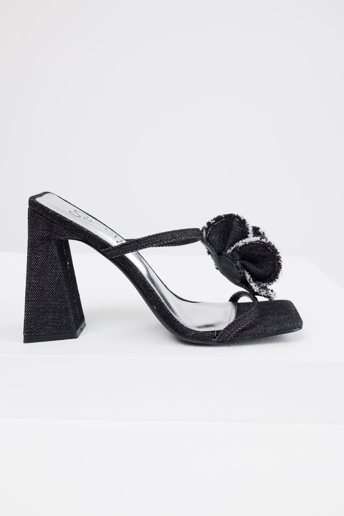 Black Denim Flower Detail Square Toe Heels