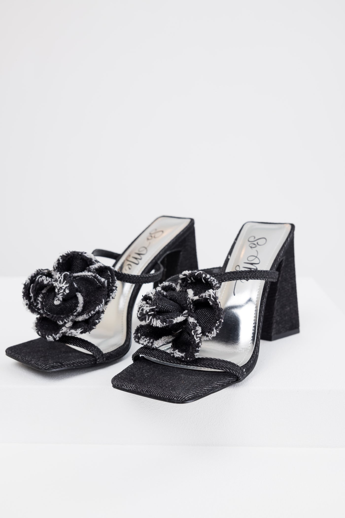 Black Denim Flower Detail Square Toe Heels