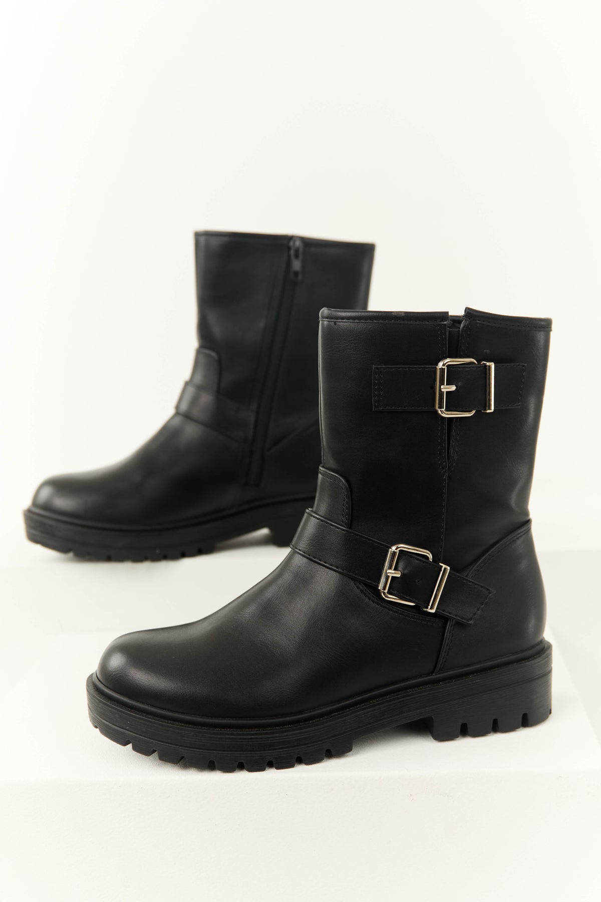 Black Double Buckle Short Boot Lime Lush Boutique black-double-buckle-short-boot-lime-lush-boutique