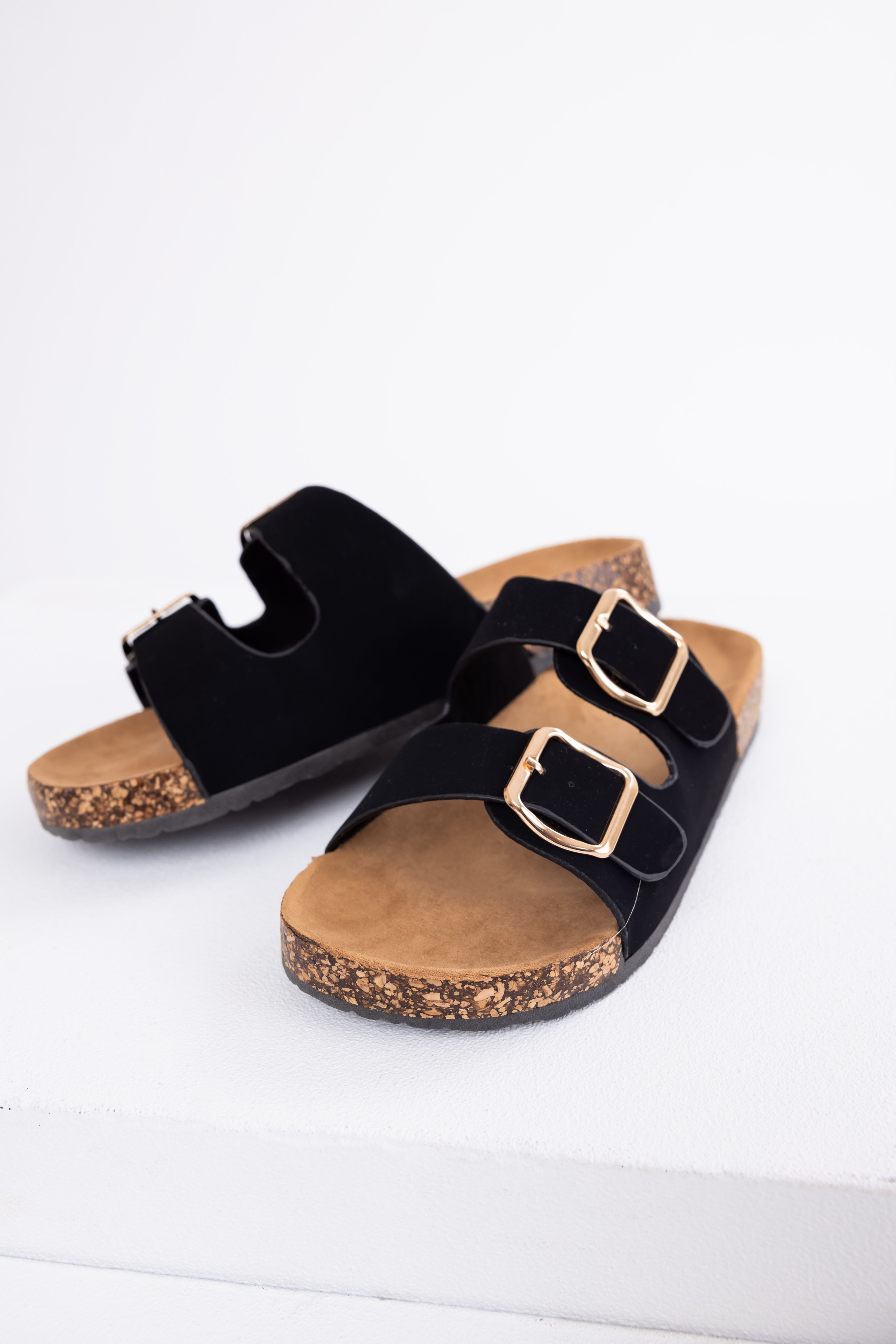 Black Double Buckle Slide On Sandals | Lime Lush Boutique
