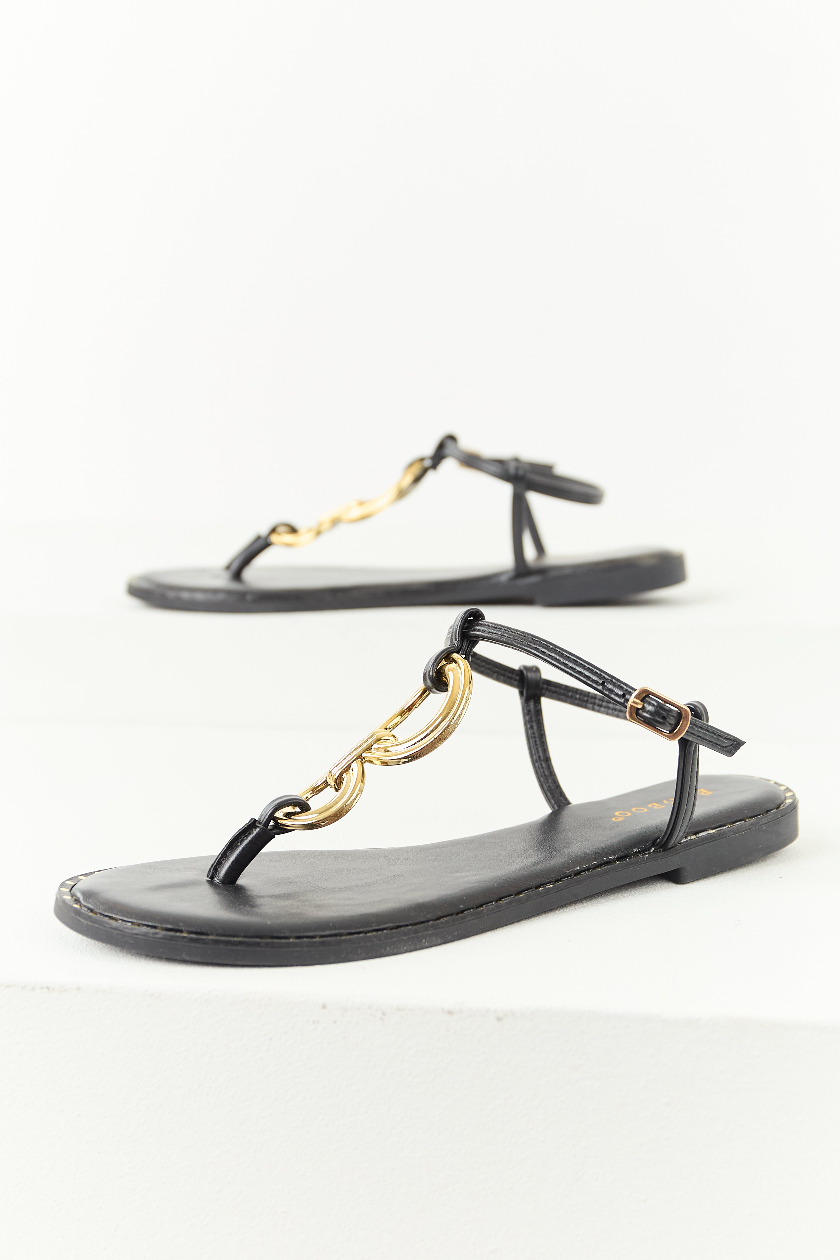Black Double Gold Ring T-Strap Thong Sandals | Lime Lush Boutique