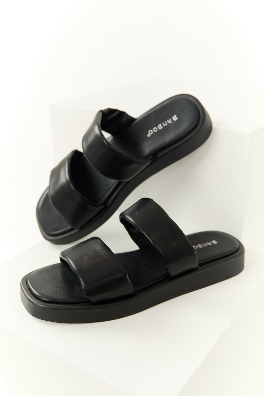 Black Double Strap Open Toed Flat Sandals