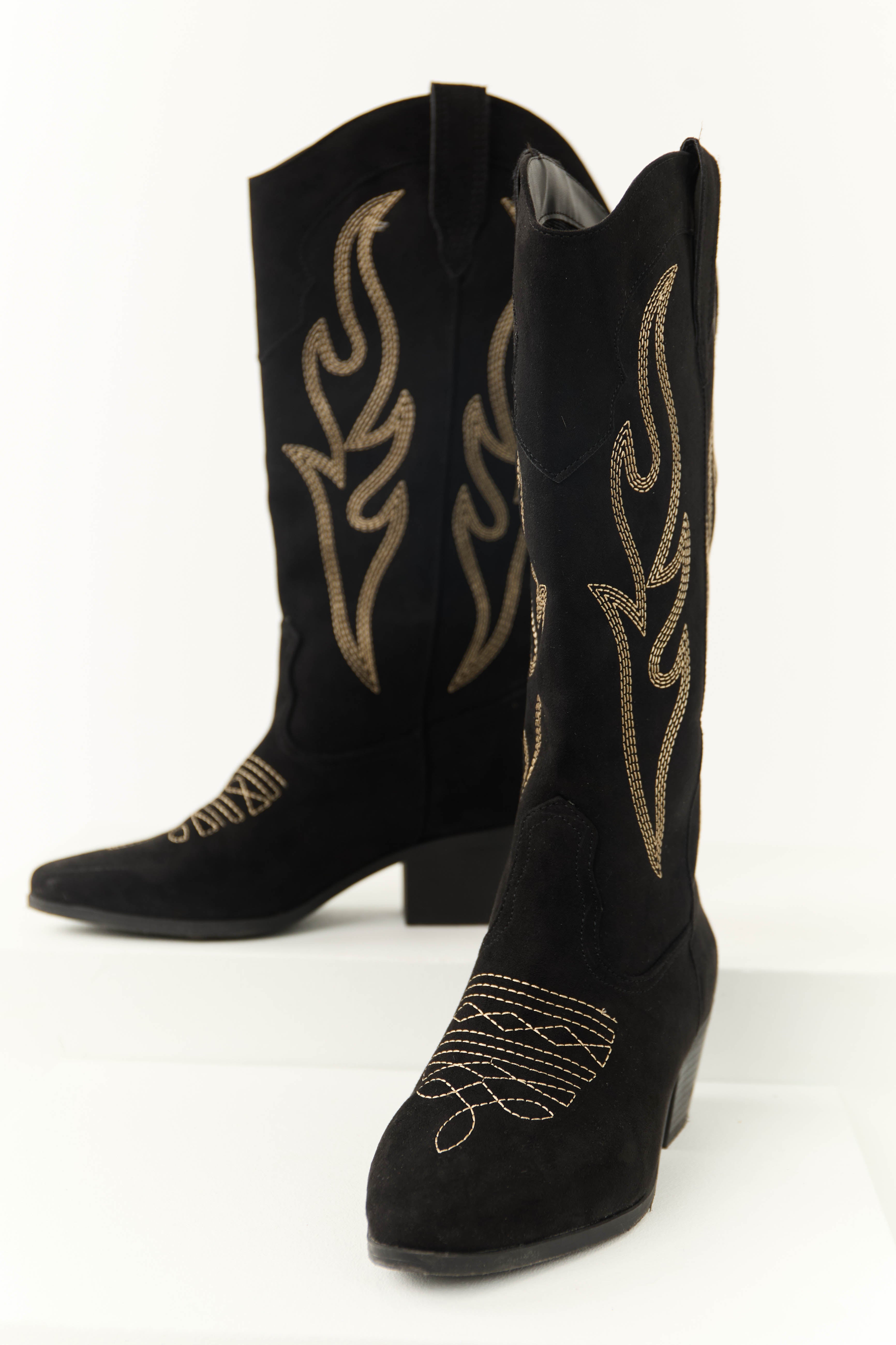 Black Embroidered Western Style Boots