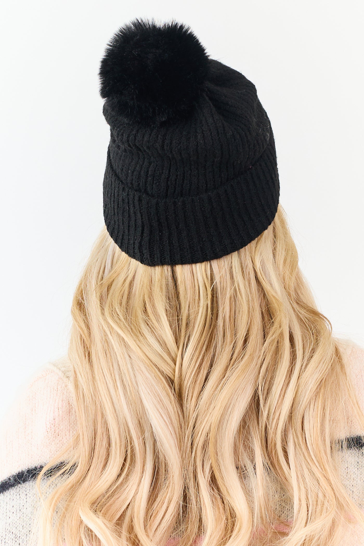 Black Faux Fur Pom Pom Ribbed Knit Beanie