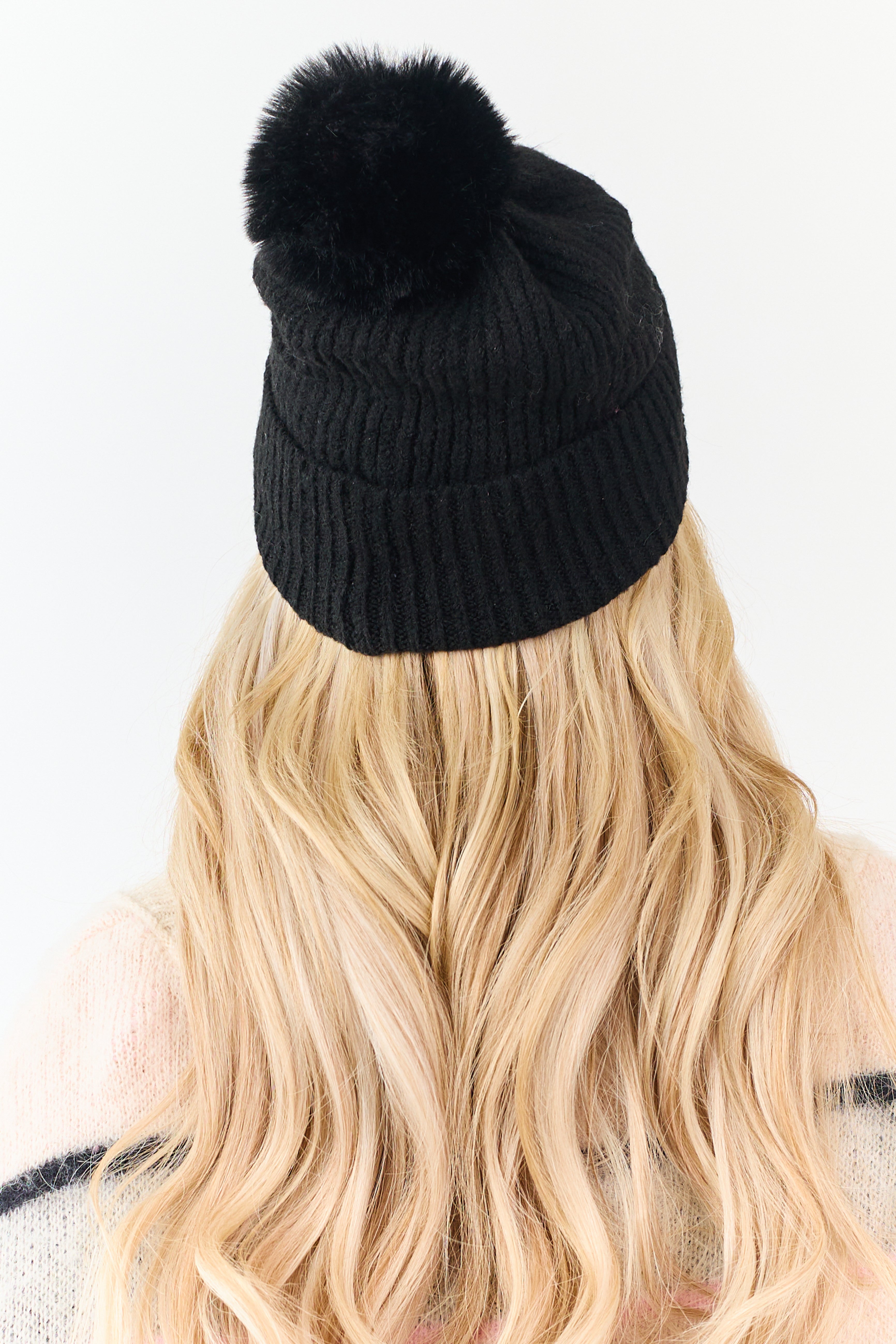 Black Faux Fur Pom Pom Ribbed Knit Beanie