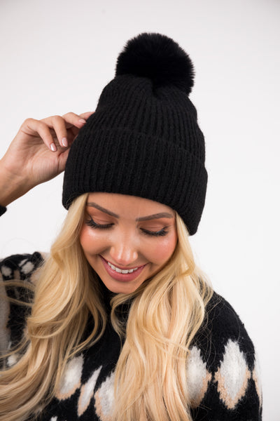 Black Faux Fur Pom Pom Ribbed Knit Beanie
