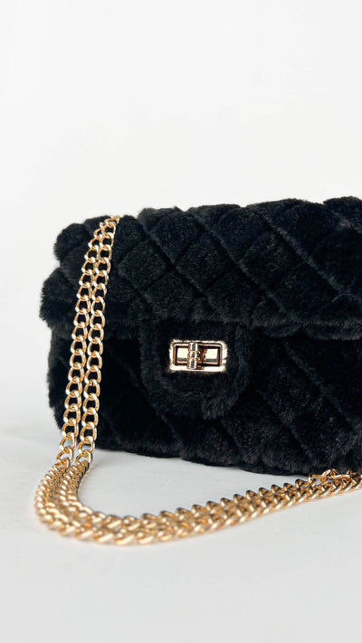 Black Faux Fur Quilted Chain Strap Purse