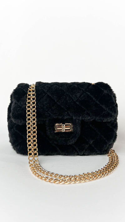Black Faux Fur Quilted Chain Strap Purse