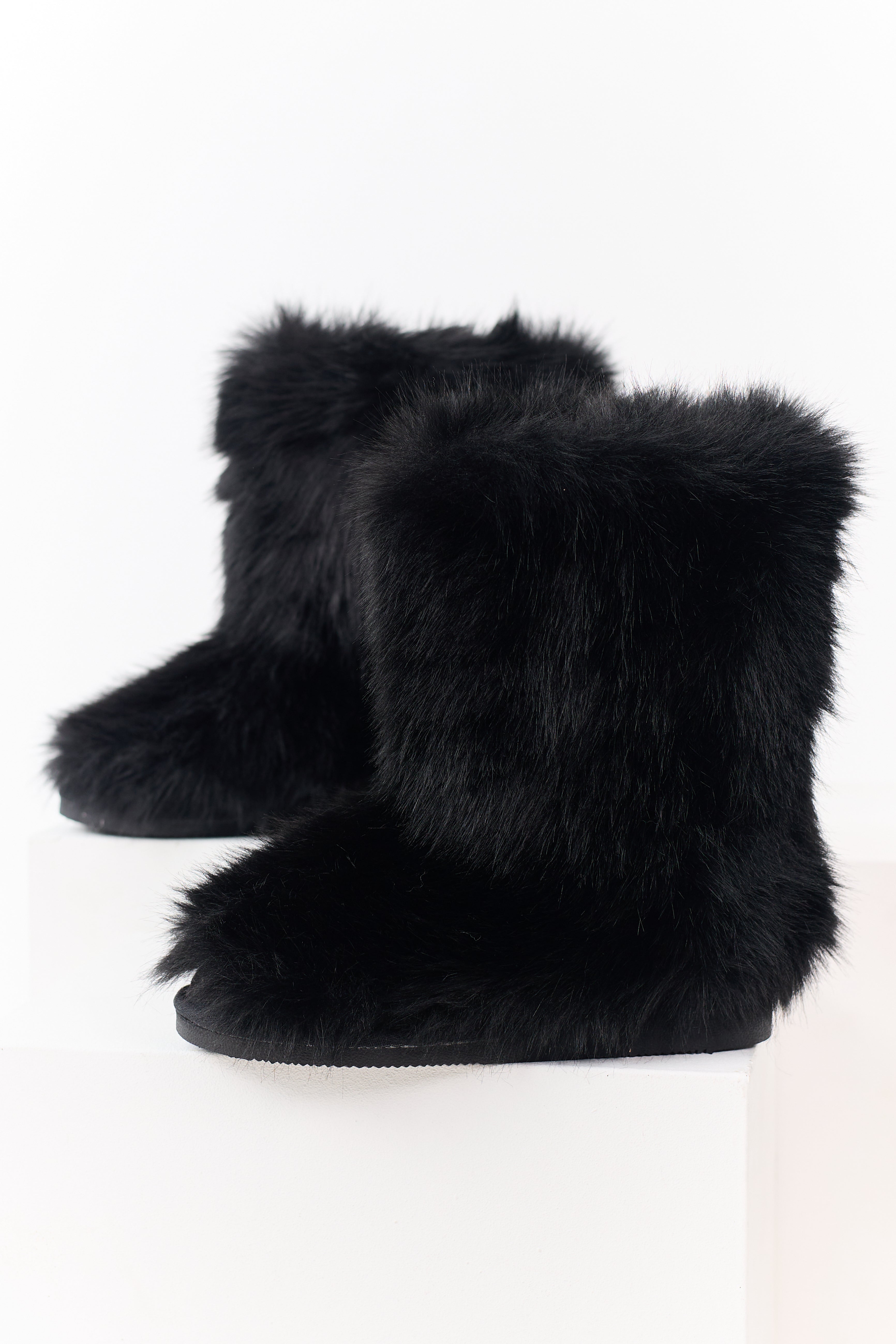 Black Faux Fur Rounded Toe Booties