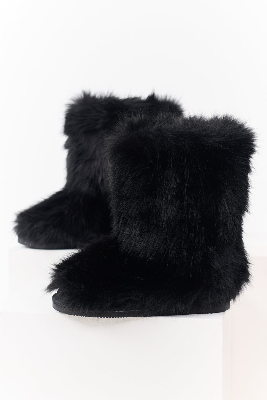 Black Faux Fur Rounded Toe Booties