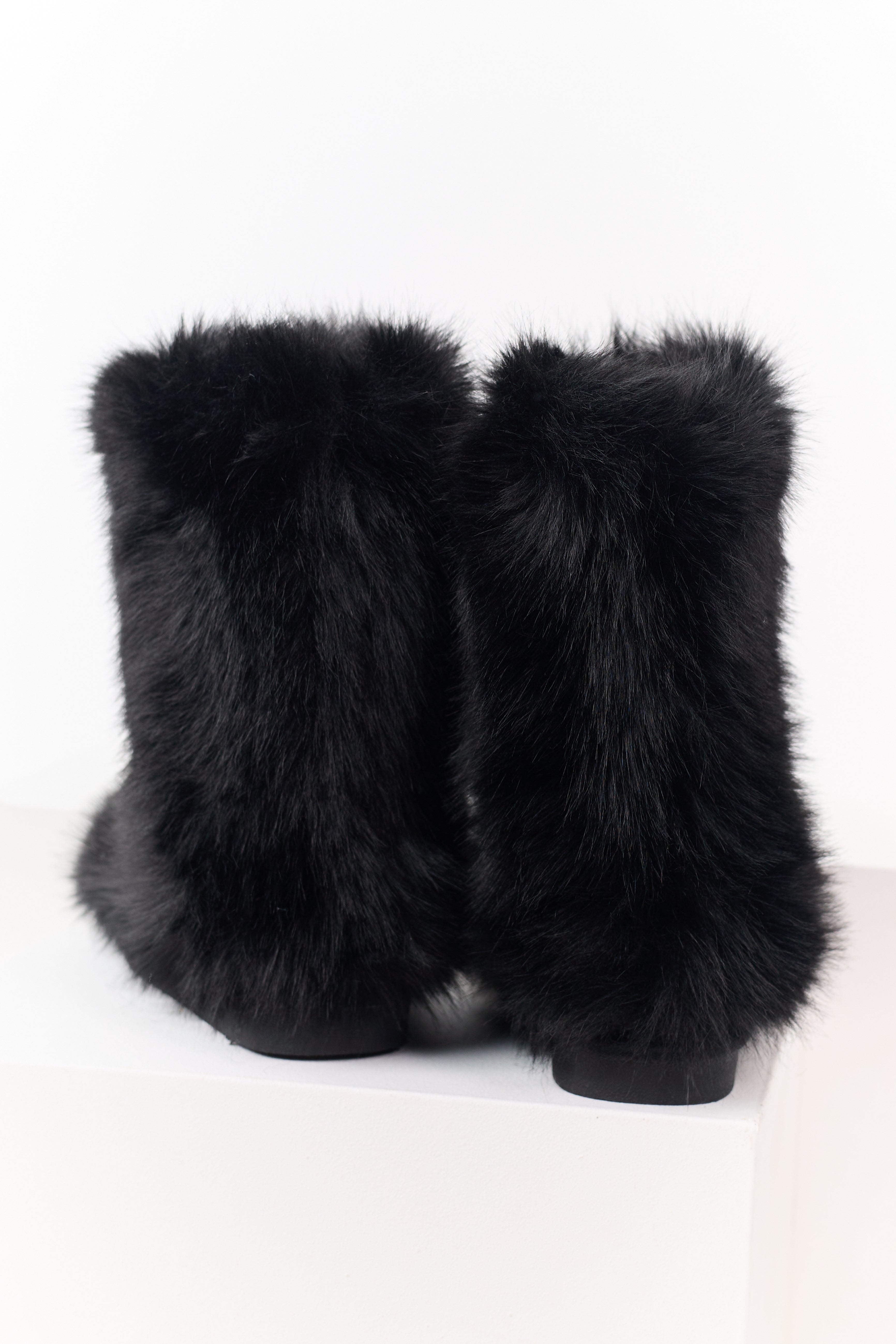 Black Faux Fur Rounded Toe Booties