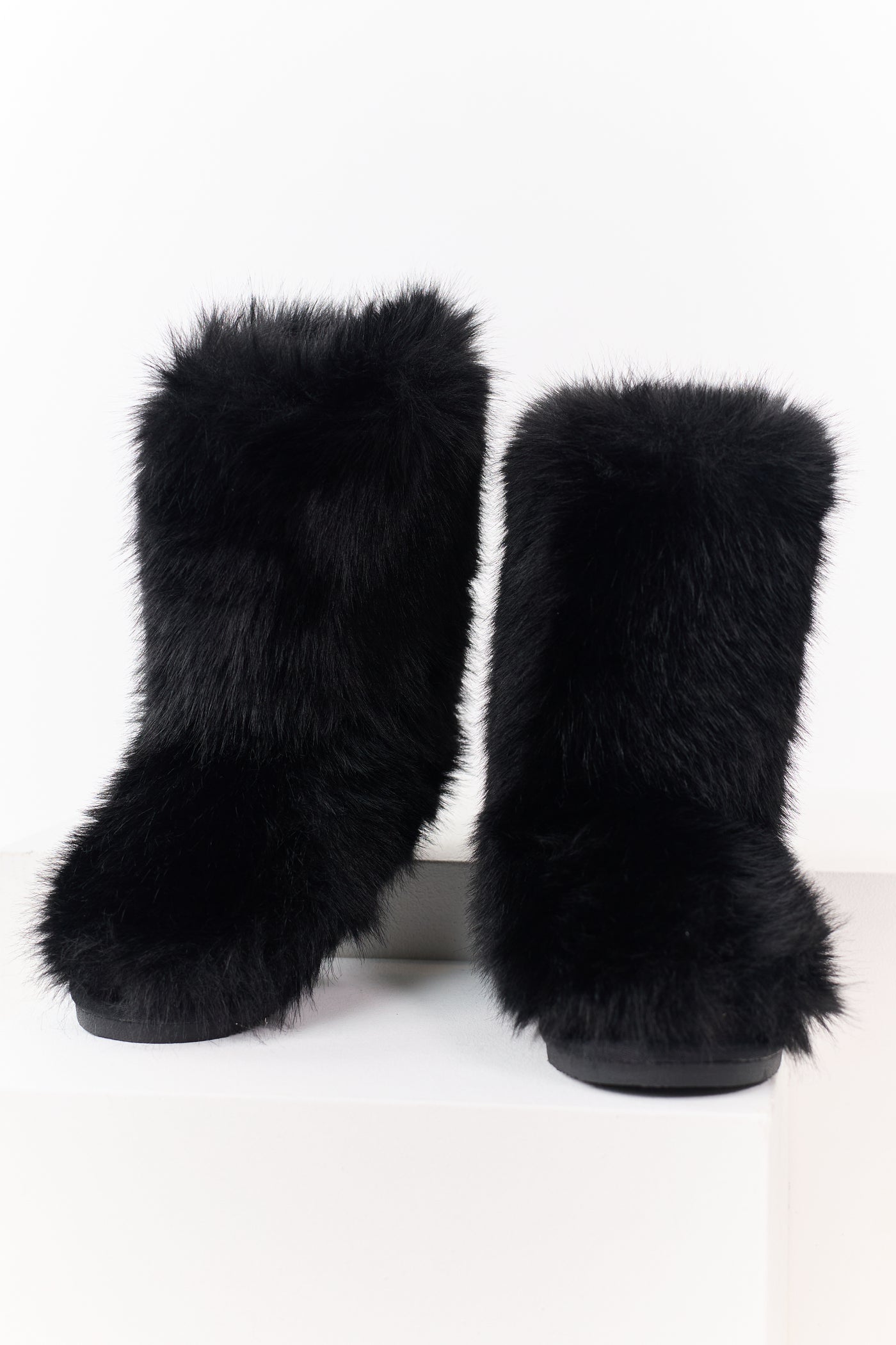 Black Faux Fur Rounded Toe Booties