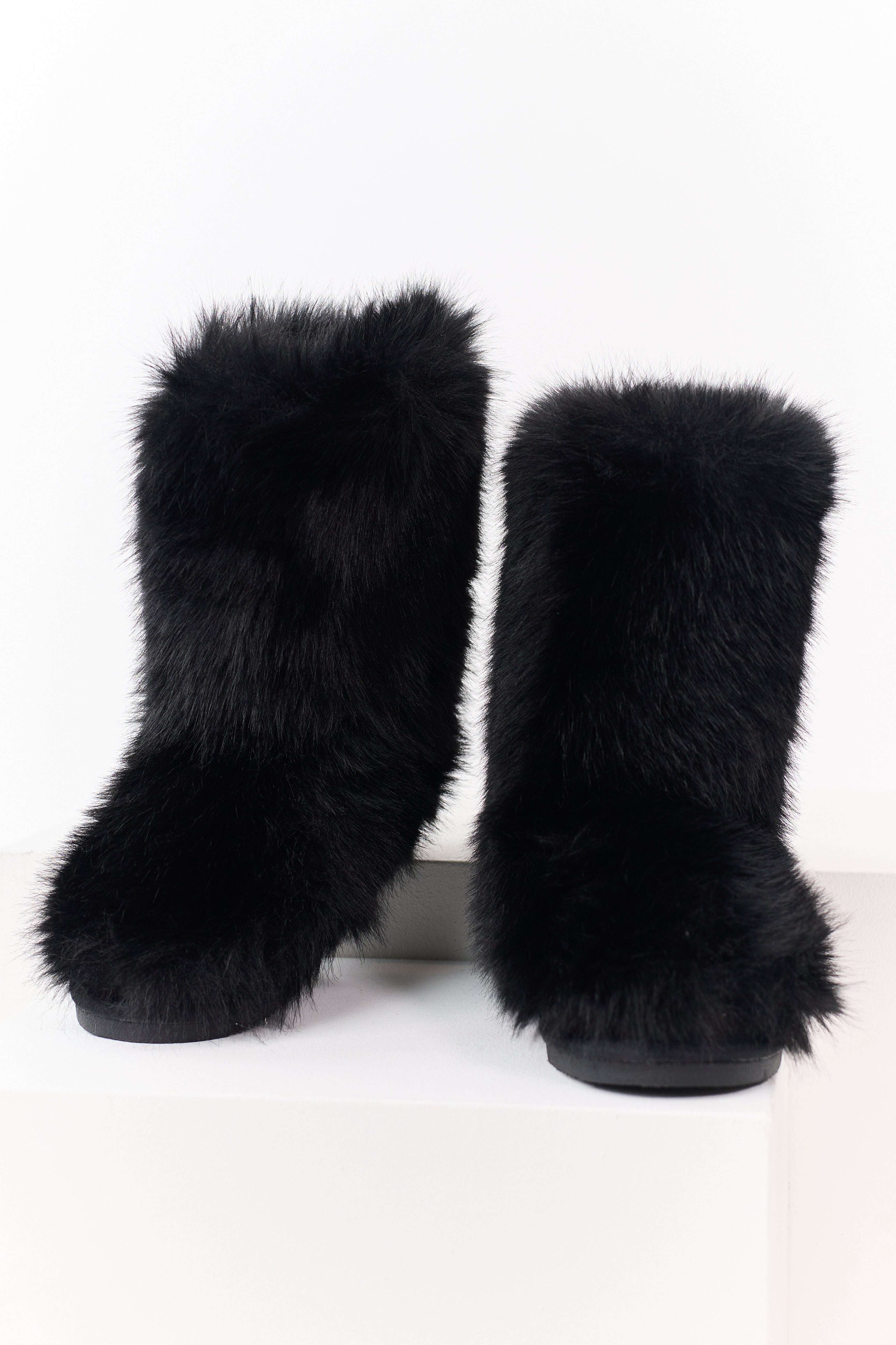 Black Faux Fur Rounded Toe Booties