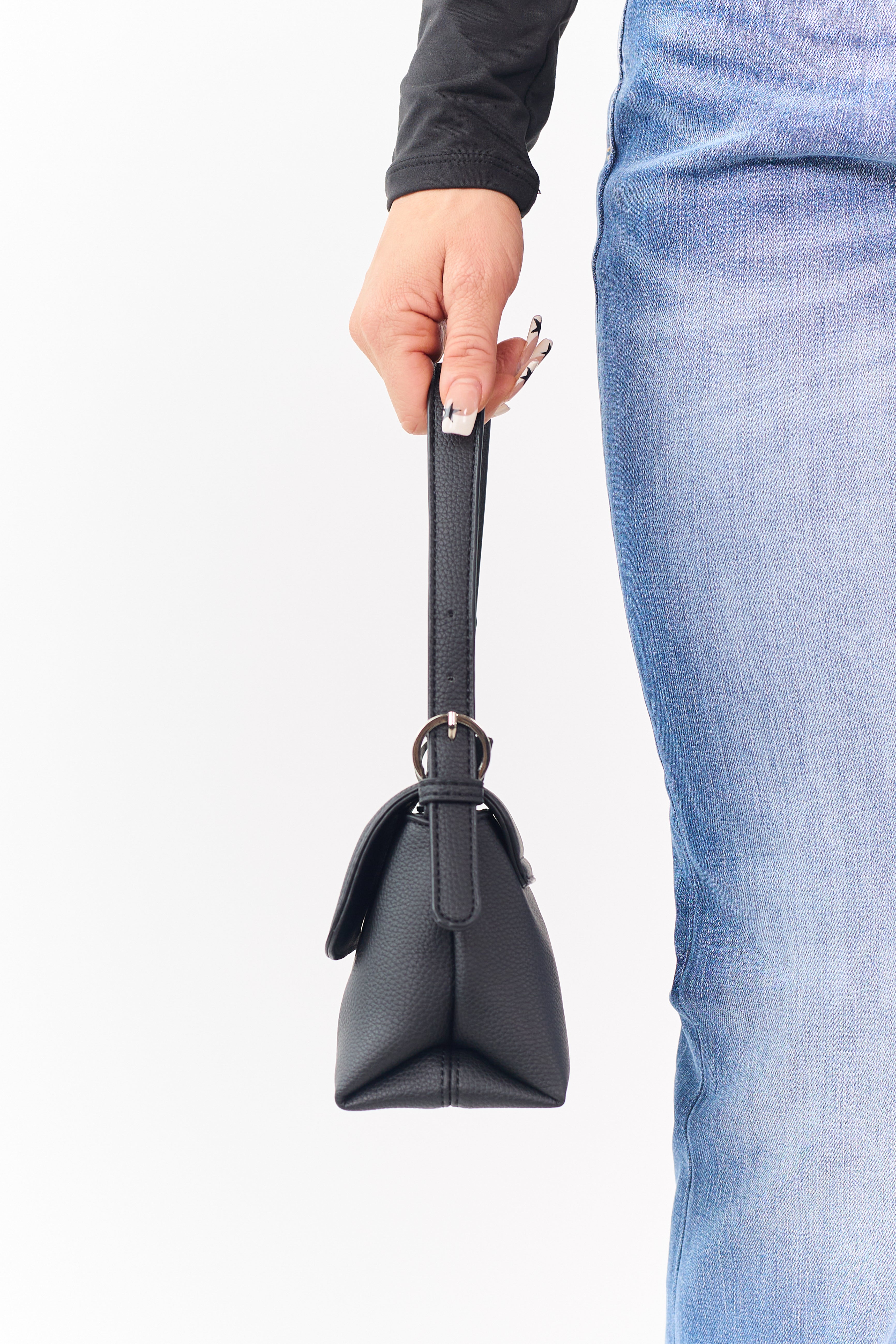 Black Faux Leather Adjustable Buckle Strap Handbag