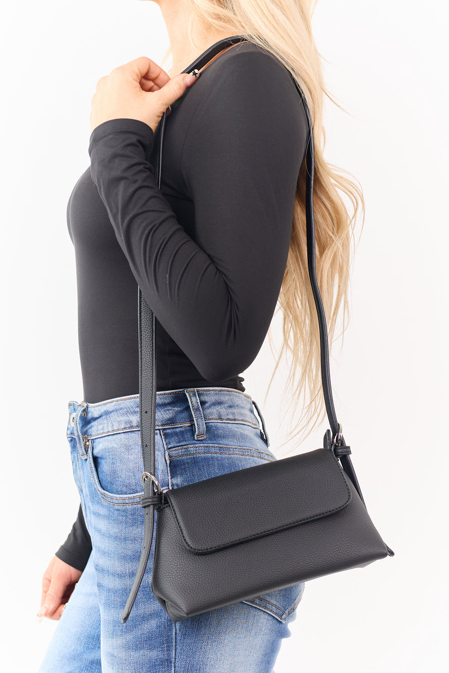 Black Faux Leather Adjustable Buckle Strap Handbag