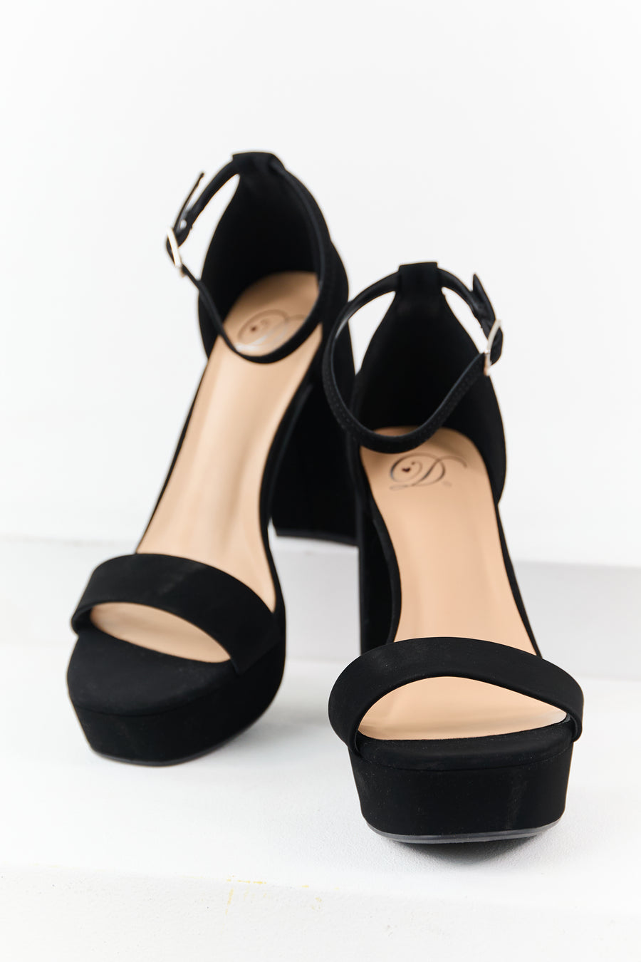Black Faux Leather Ankle Strap Platform Heels
