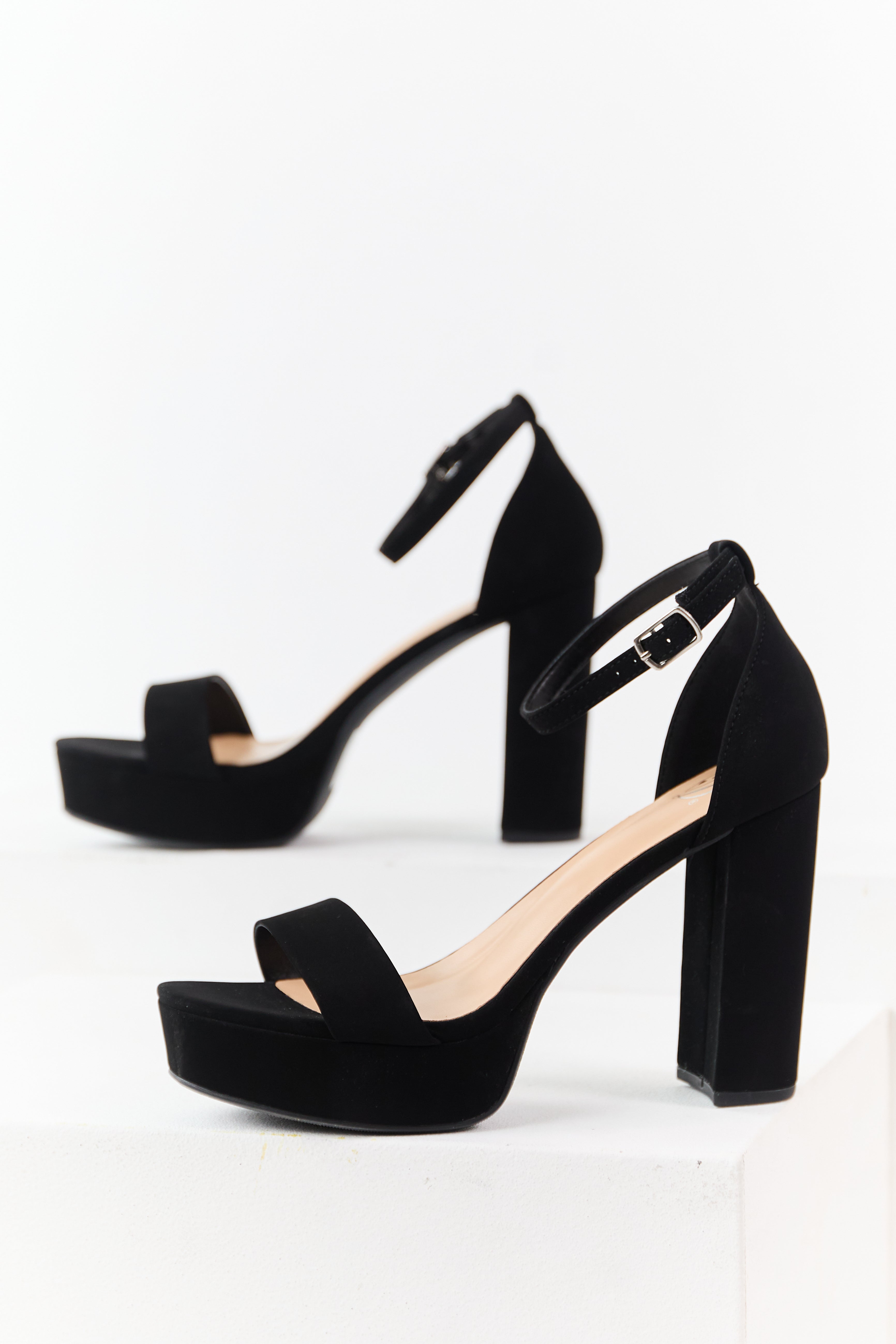 Black Faux Leather Ankle Strap Platform Heels