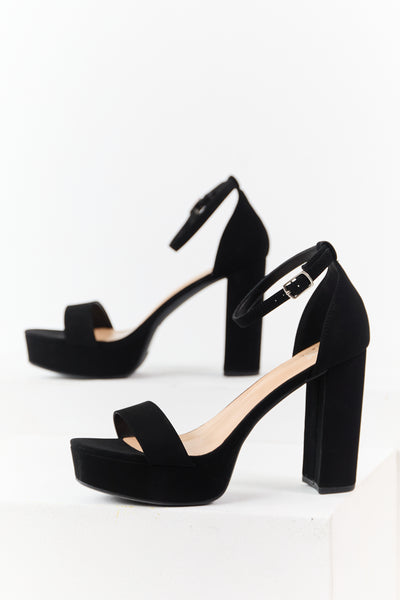 Black Faux Leather Ankle Strap Platform Heels