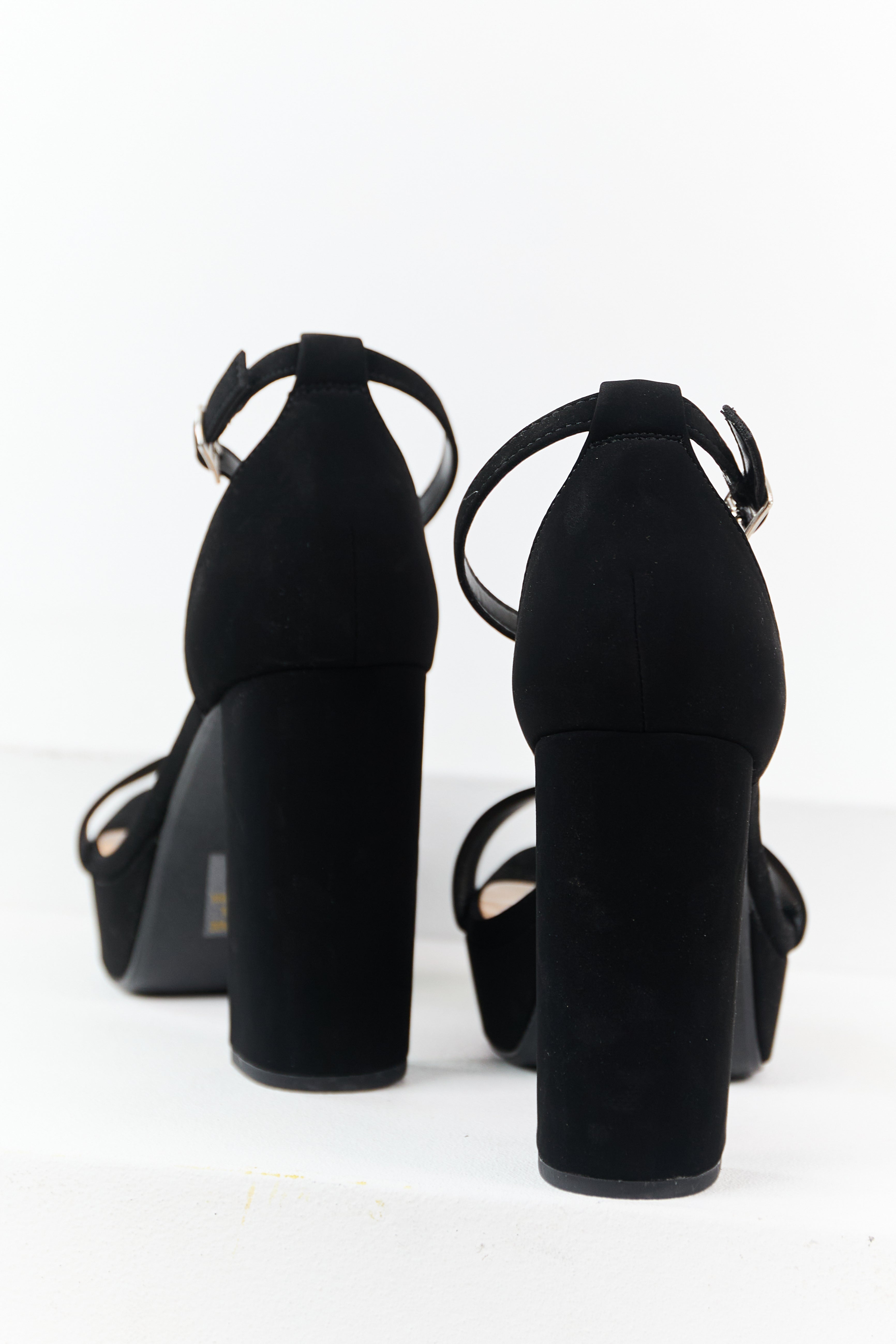 Black Faux Leather Ankle Strap Platform Heels