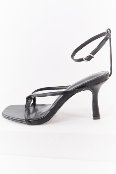 Black Faux Leather Ankle Strap Stiletto Heels