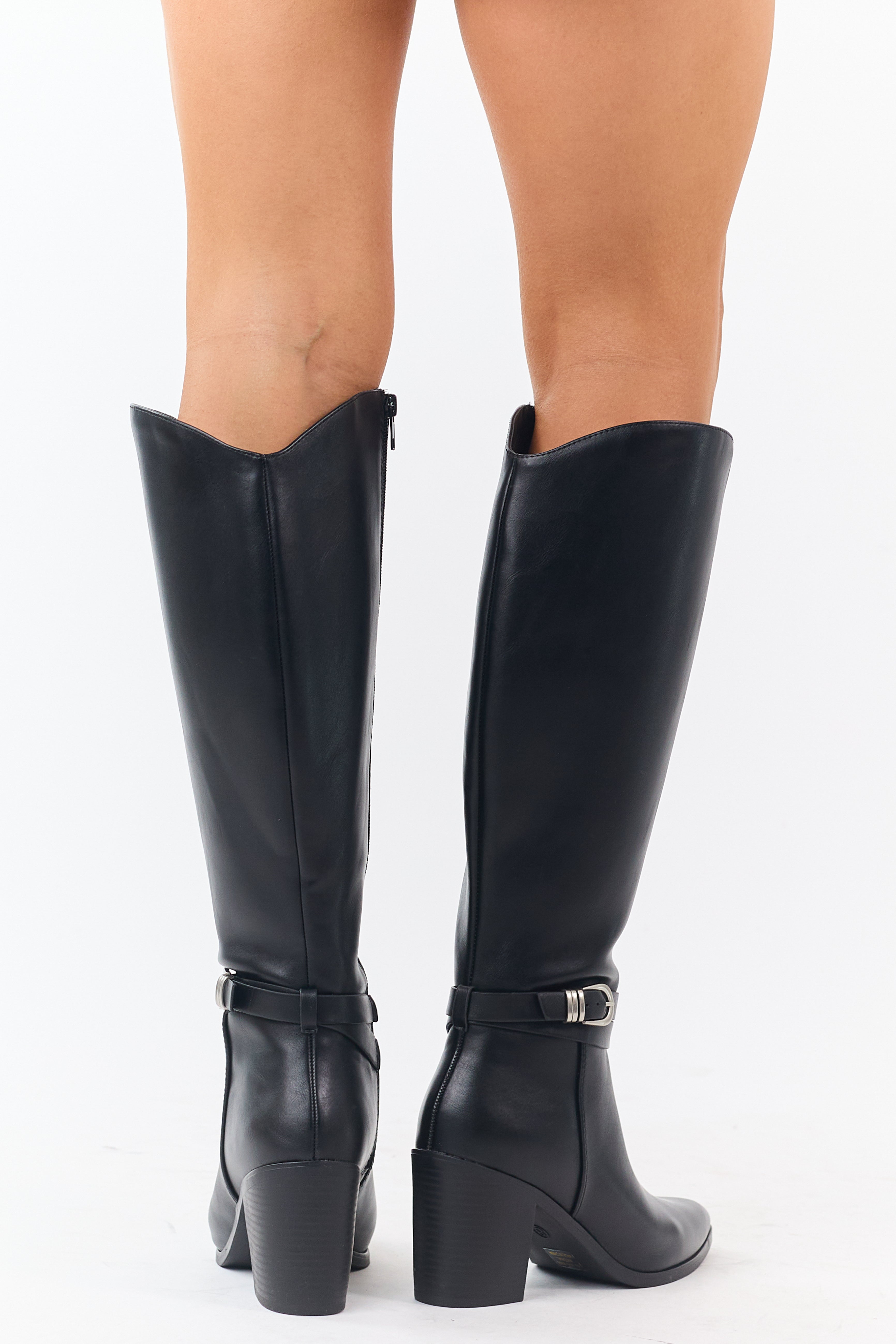 Black Faux Leather Ankle Strap Tall Boots