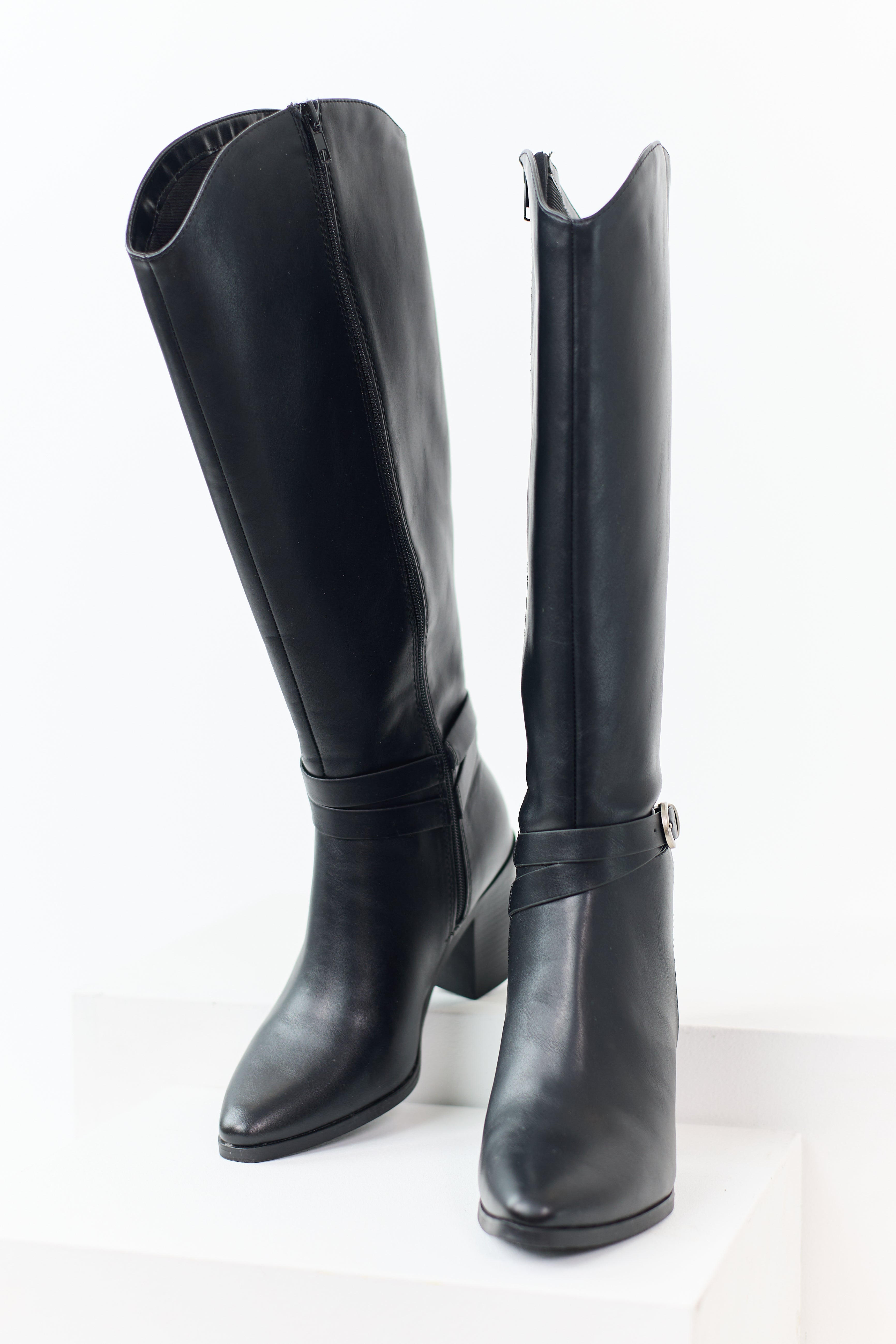 Black Faux Leather Ankle Strap Tall Boots