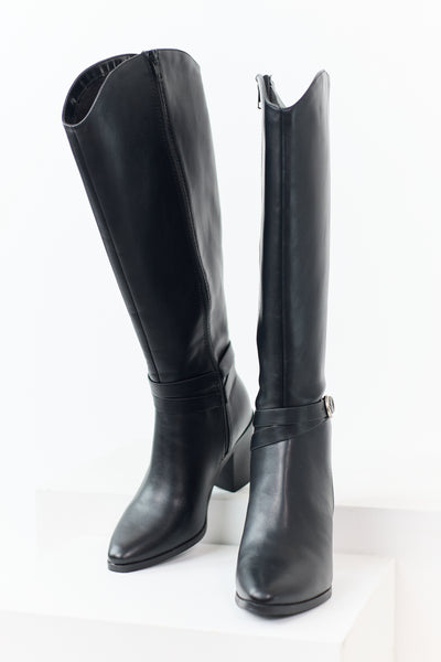 Black Faux Leather Ankle Strap Tall Boots