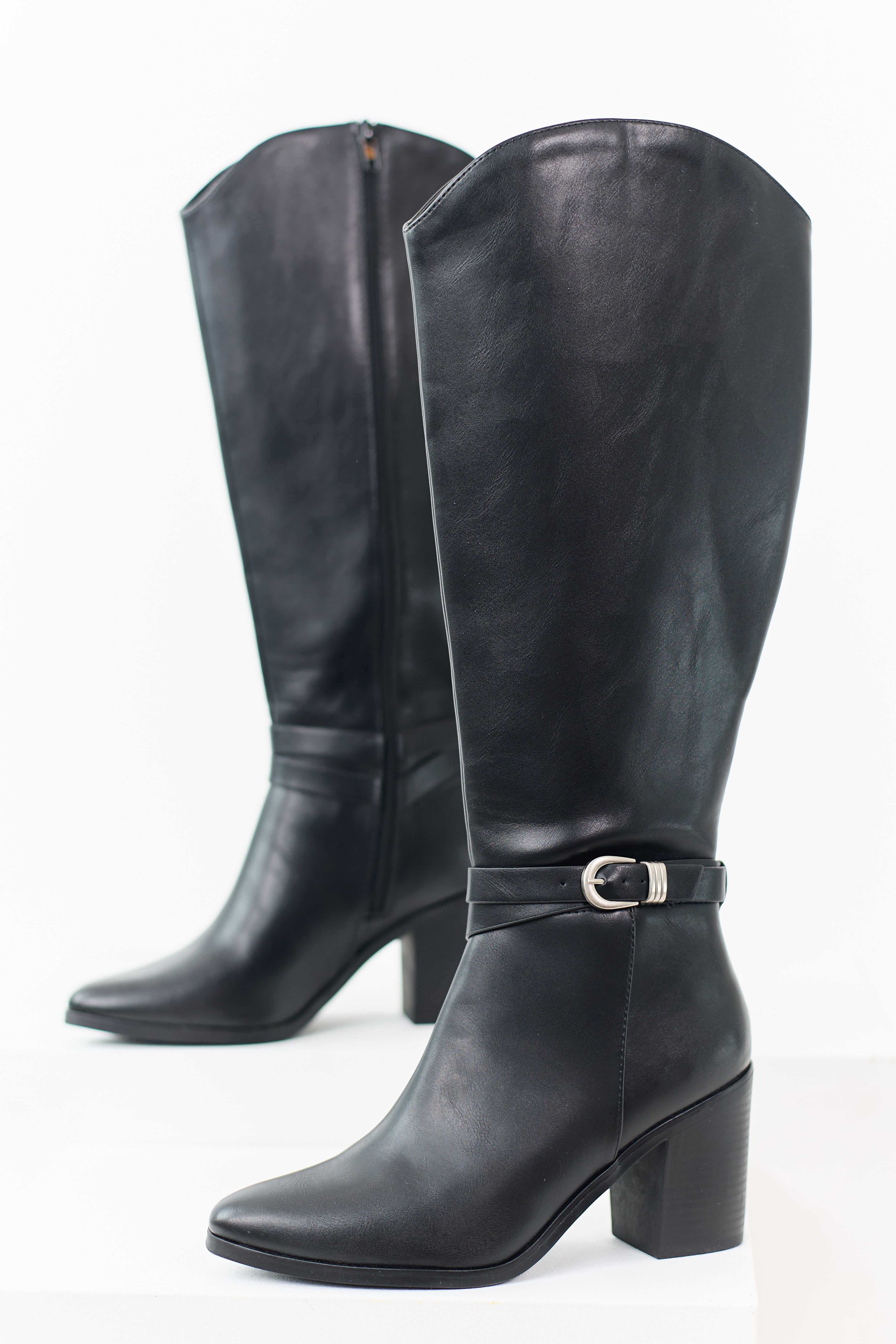 Black Faux Leather Ankle Strap Tall Boots
