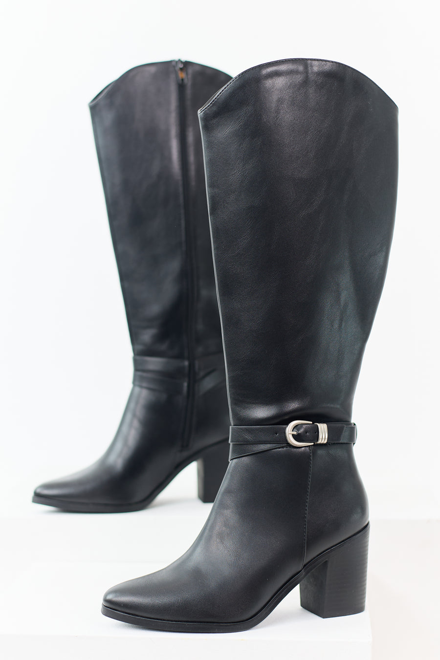 Black Faux Leather Ankle Strap Tall Boots