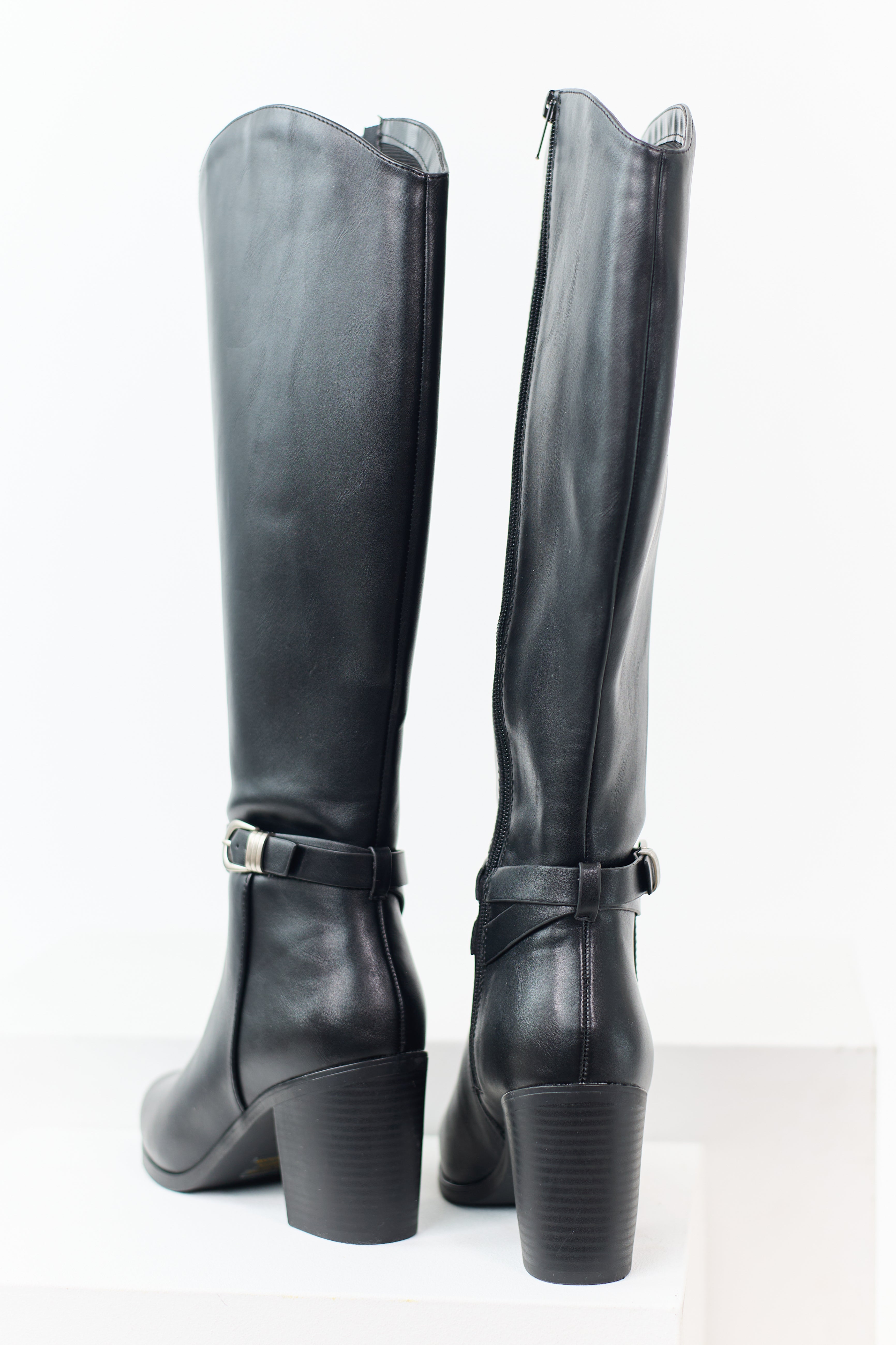 Black Faux Leather Ankle Strap Tall Boots