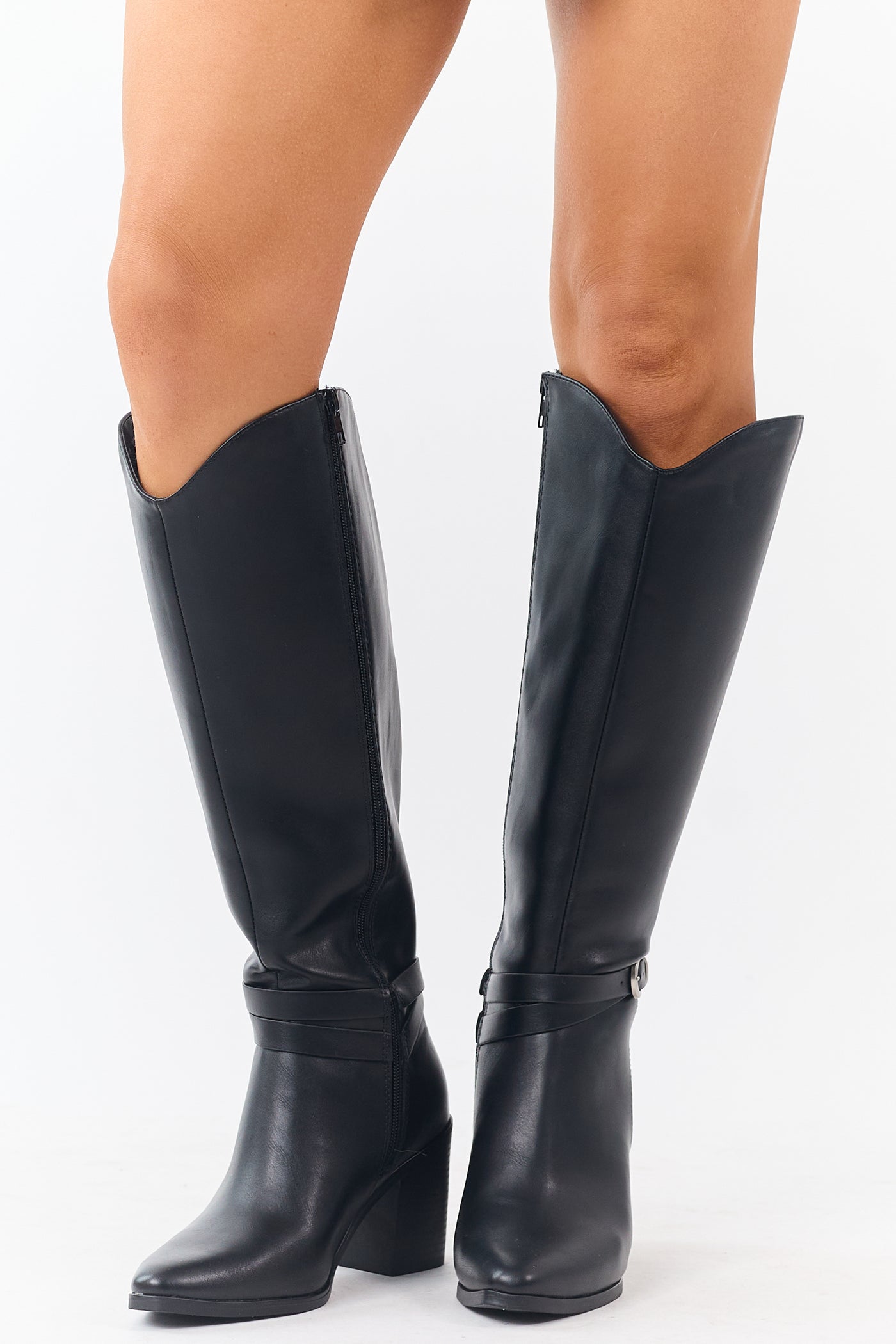 Black Faux Leather Ankle Strap Tall Boots