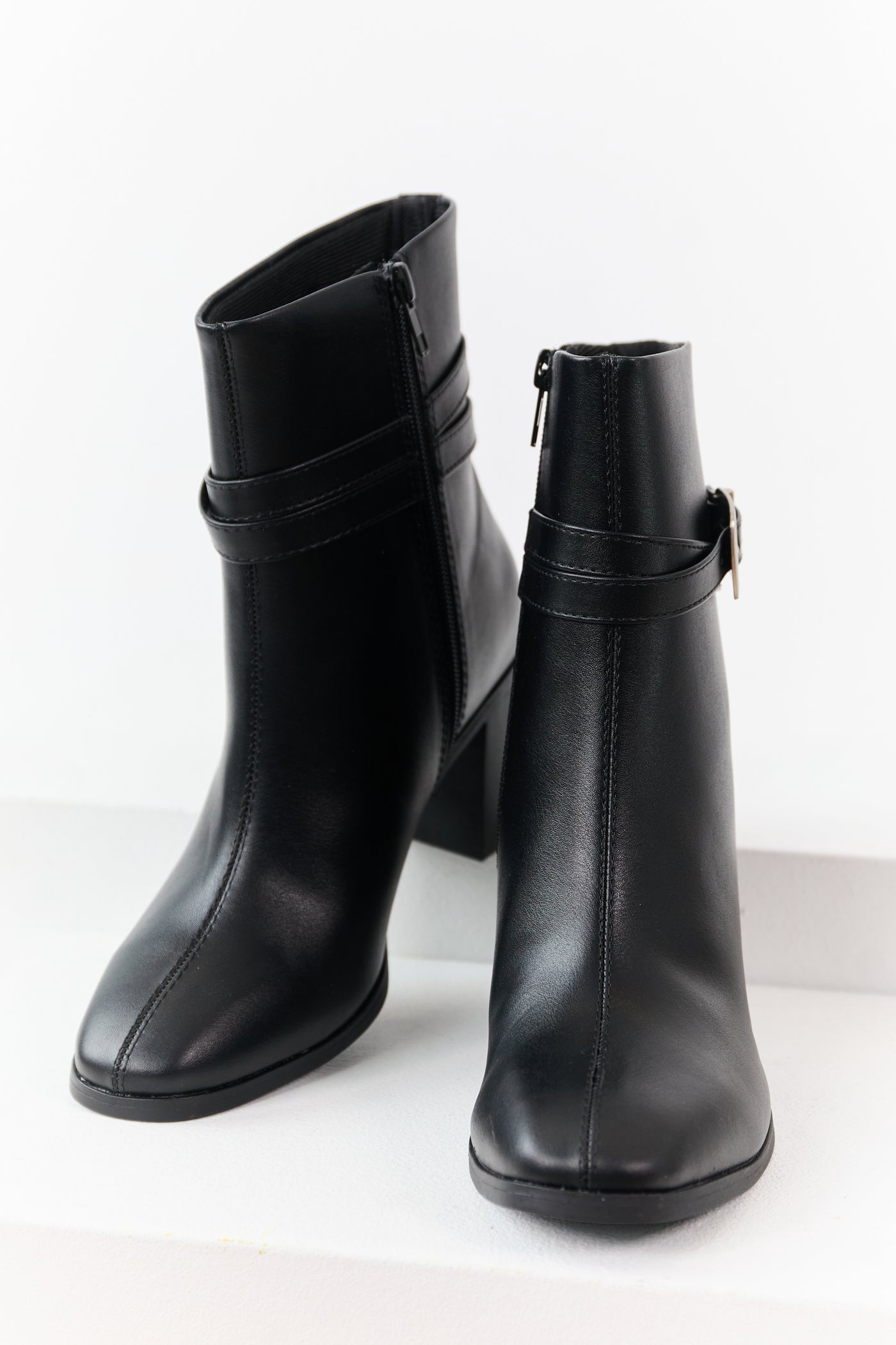 Black Faux Leather Block Heel Buckle Booties