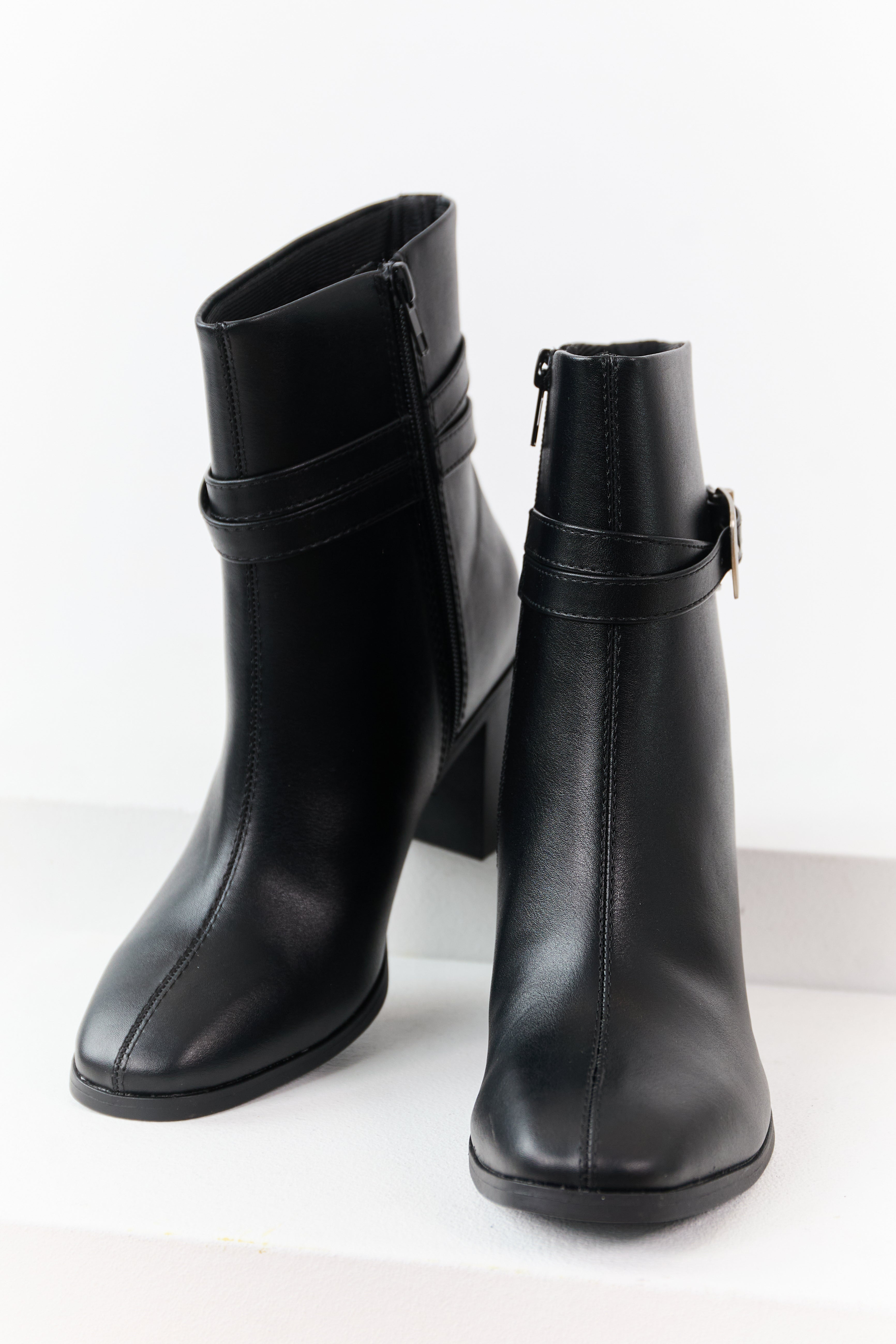 Black Faux Leather Block Heel Buckle Booties