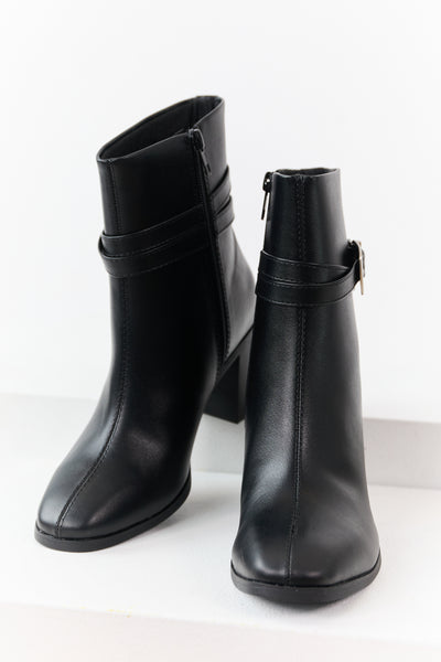 Black Faux Leather Block Heel Buckle Booties