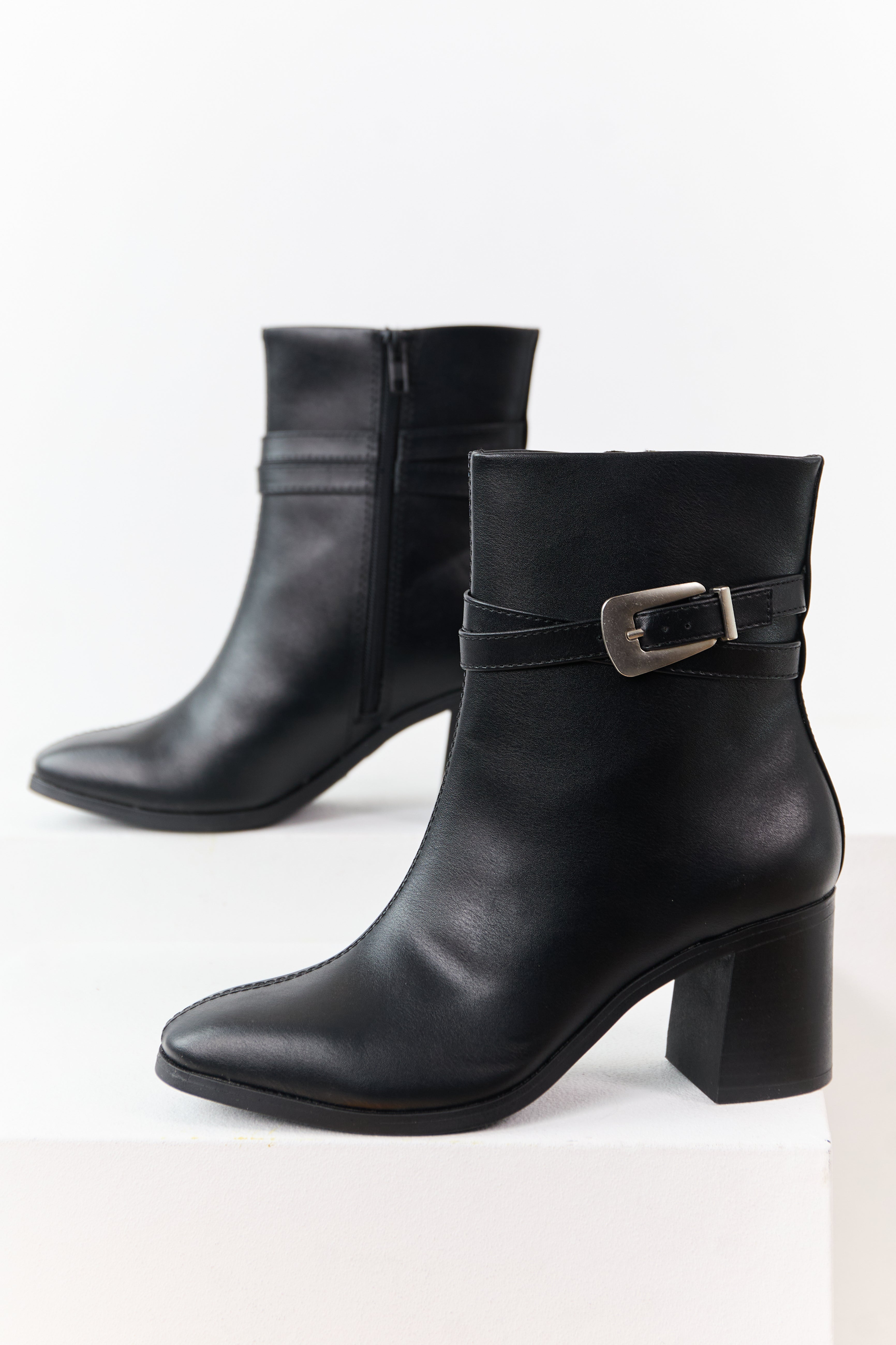 Black Faux Leather Block Heel Buckle Booties
