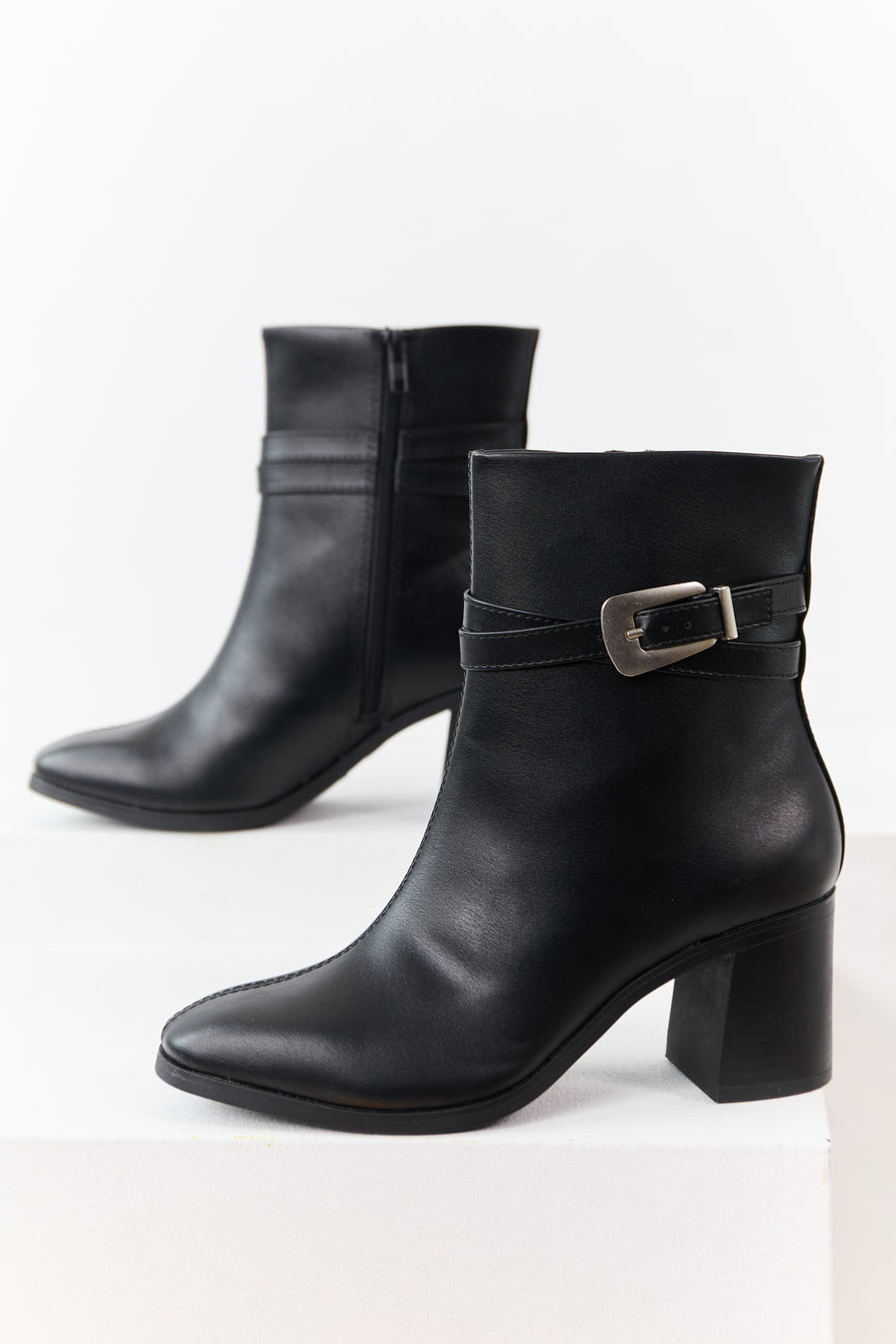 Black Faux Leather Block Heel Buckle Booties